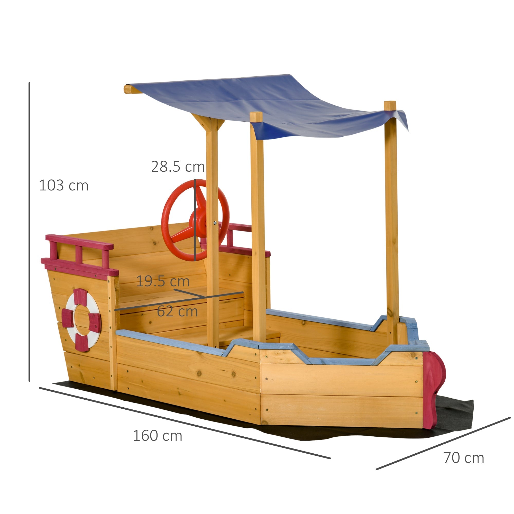 Outsunny Kids Wooden Sand Pit Children Sandbox Pirate Ship Sandboat Play Station for Outdoor w/ Canopy Shade Storage Bench Bottom Liner