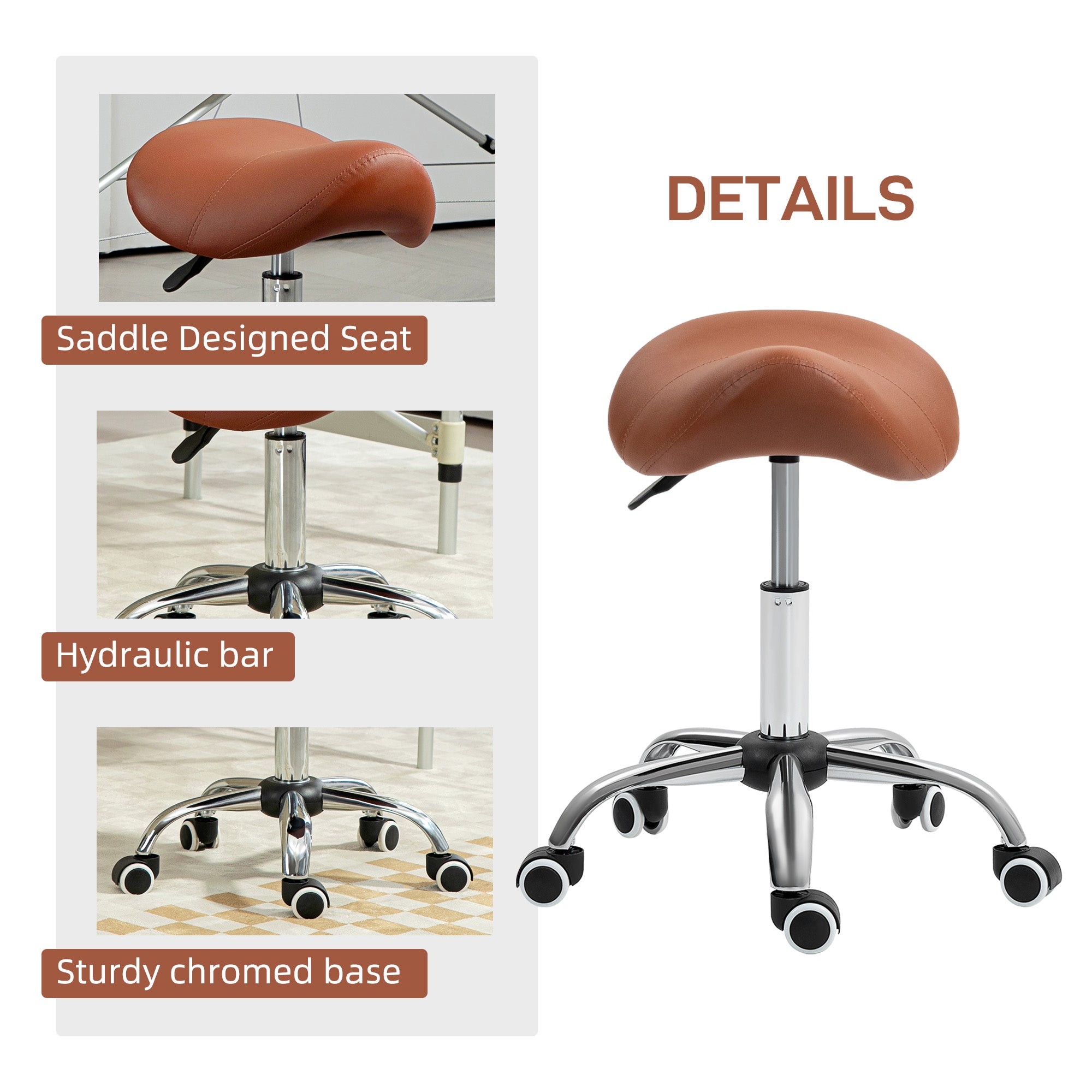 HOMCOM Saddle Stool, Height Adjustable Salon Chair for Massage Spa, Faux Leather, Brown