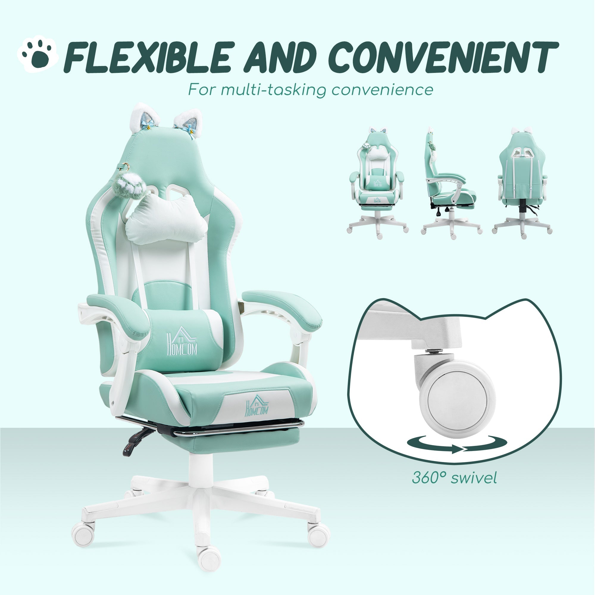 HOMCOM Cat Ear and Paw Reclining Office Chair, with Footrest - Light Blue/White