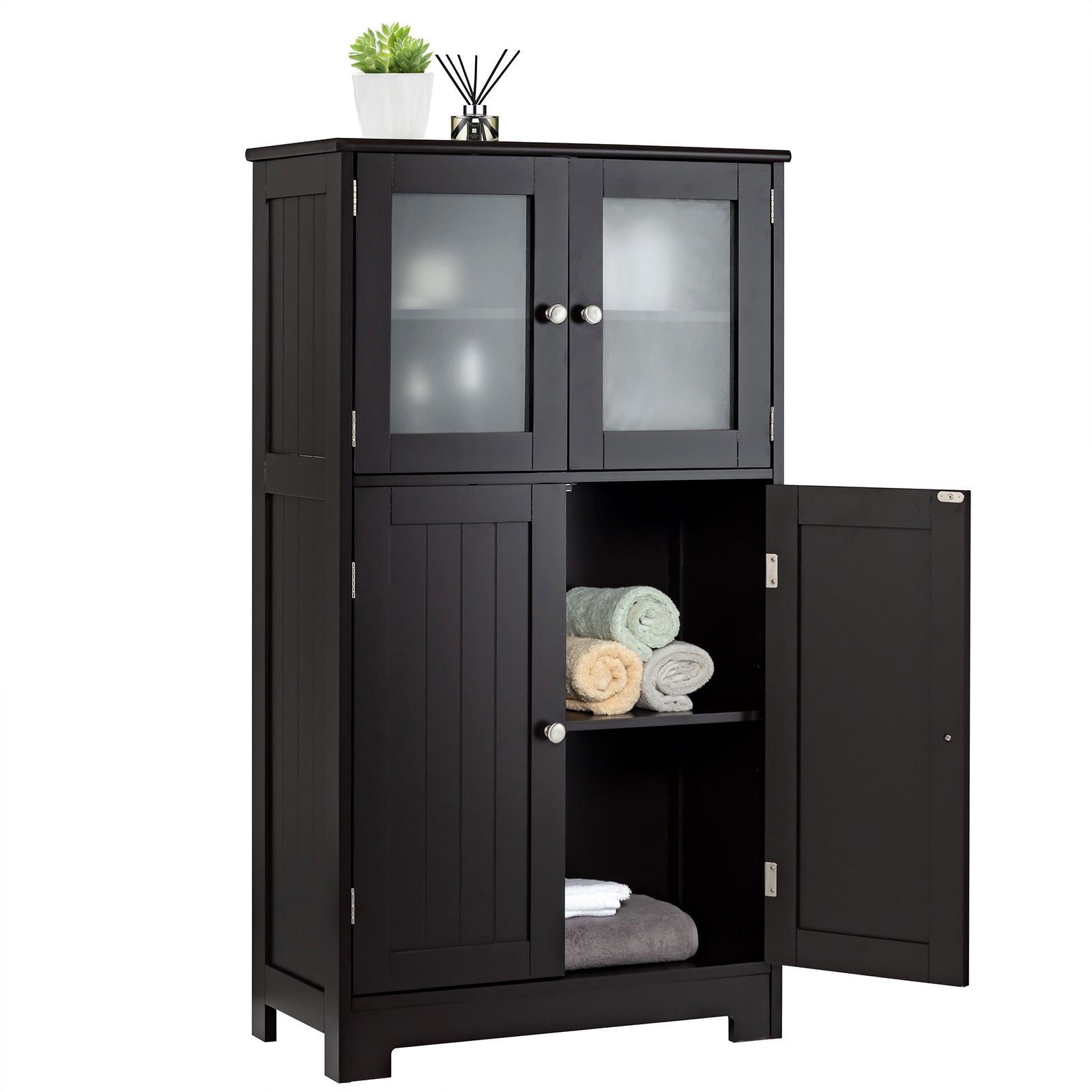 4-Door Bathroom Floor Cabinet with Glass Doors and Adjustable Shelf-Black