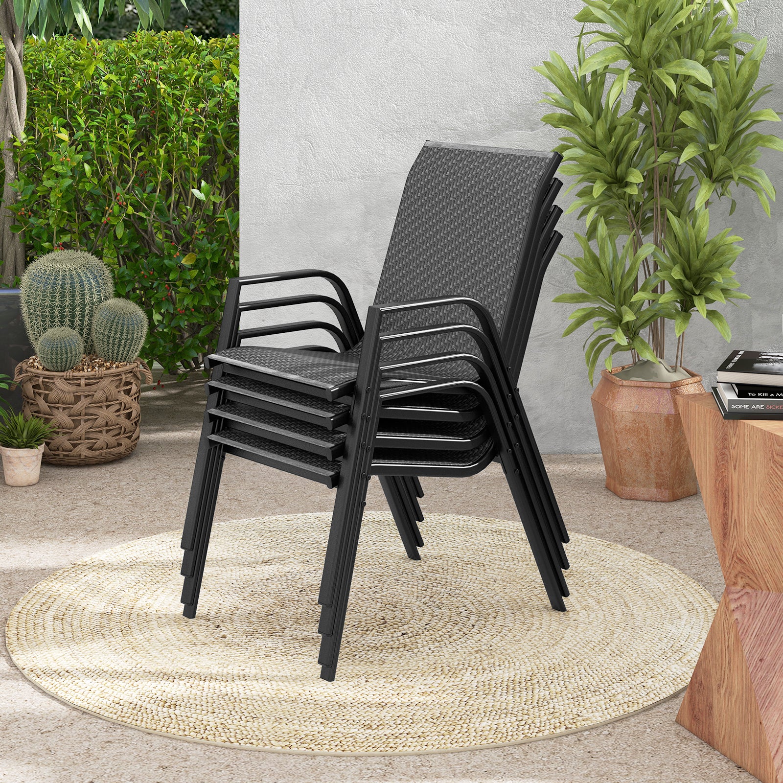 4 Pieces Patio Rattan Chairs with Wicker Woven Seat and Back-Brown