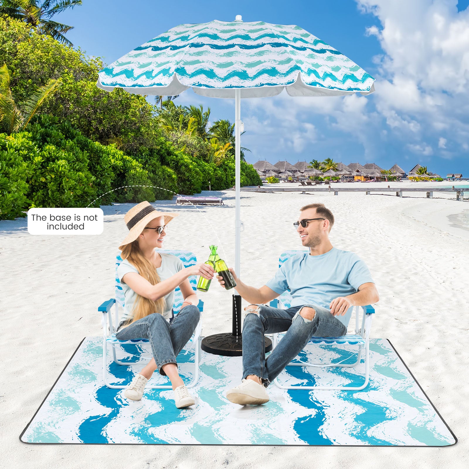 4 Pieces Beach Umbrella Set with 2 Foldable Chairs and Picnic Blanket-Blue