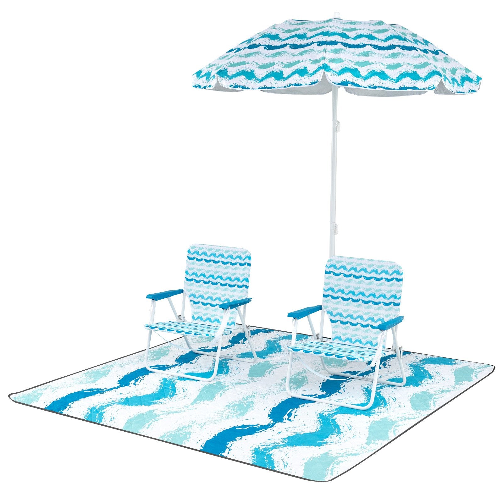 4 Pieces Beach Umbrella Set with 2 Foldable Chairs and Picnic Blanket-Blue