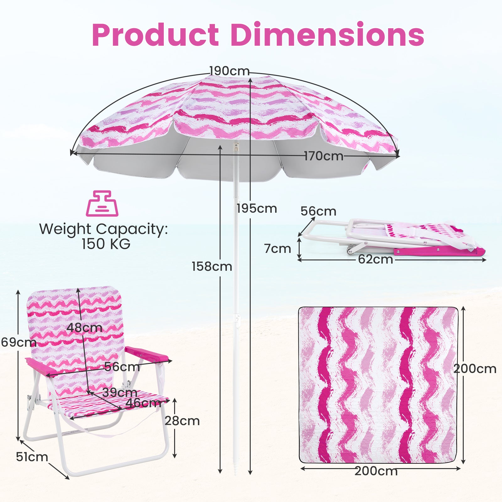 4 Pieces Beach Umbrella Set with 2 Foldable Chairs and Picnic Blanket-Pink