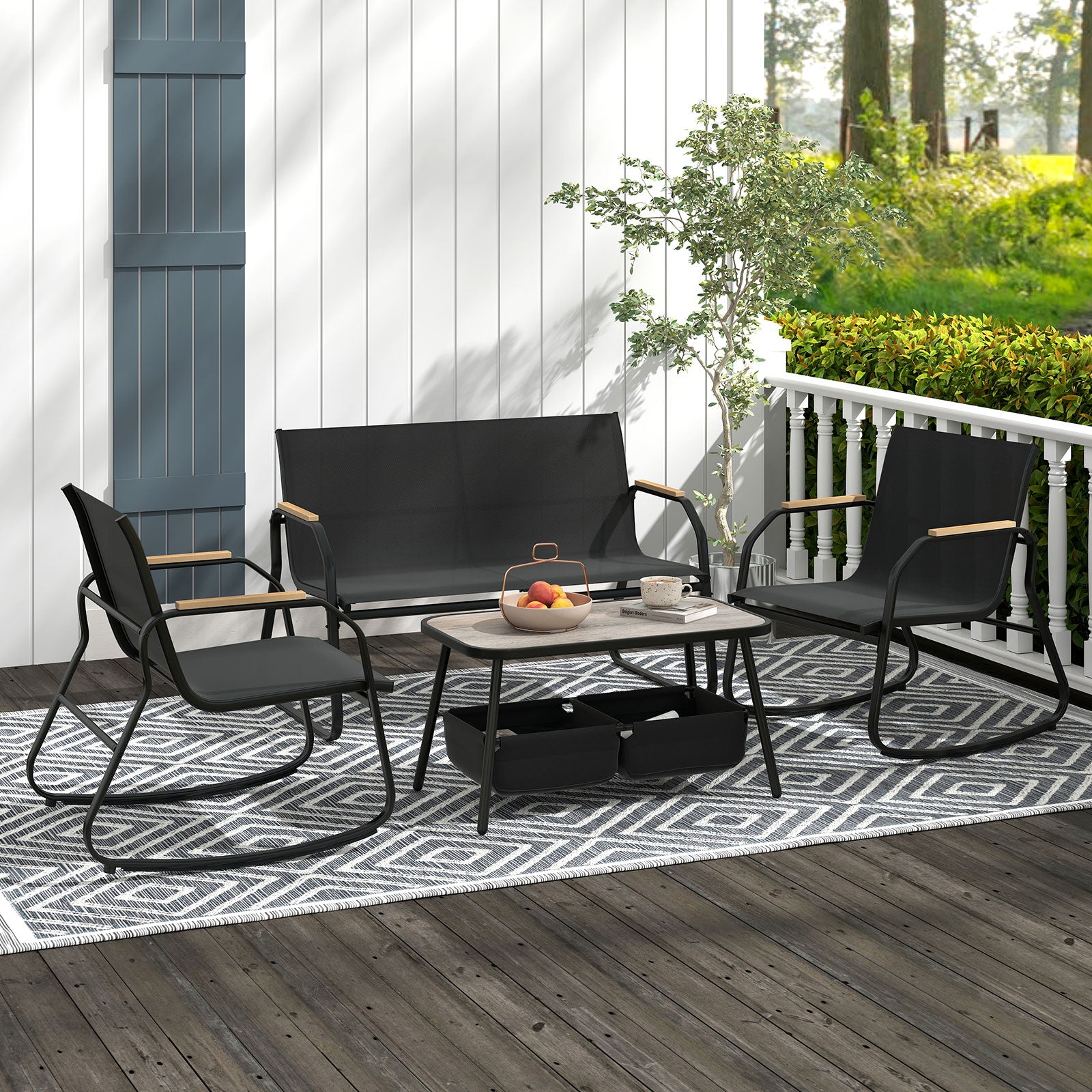 4 Pieces Patio Furniture Set with 2 Rocking Bistro Chairs-Black