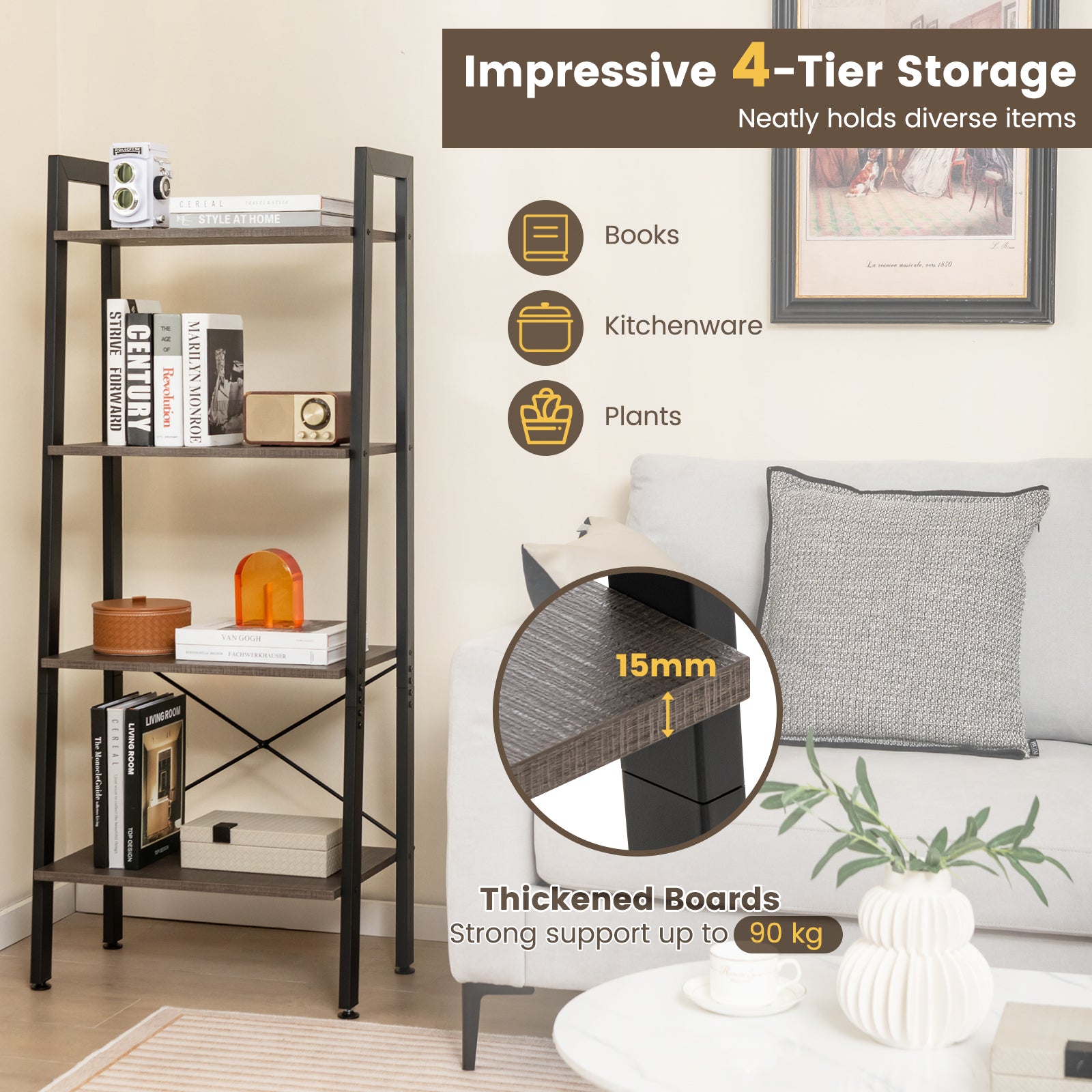 4-Tier Bookshelf with Metal Frame-Brown