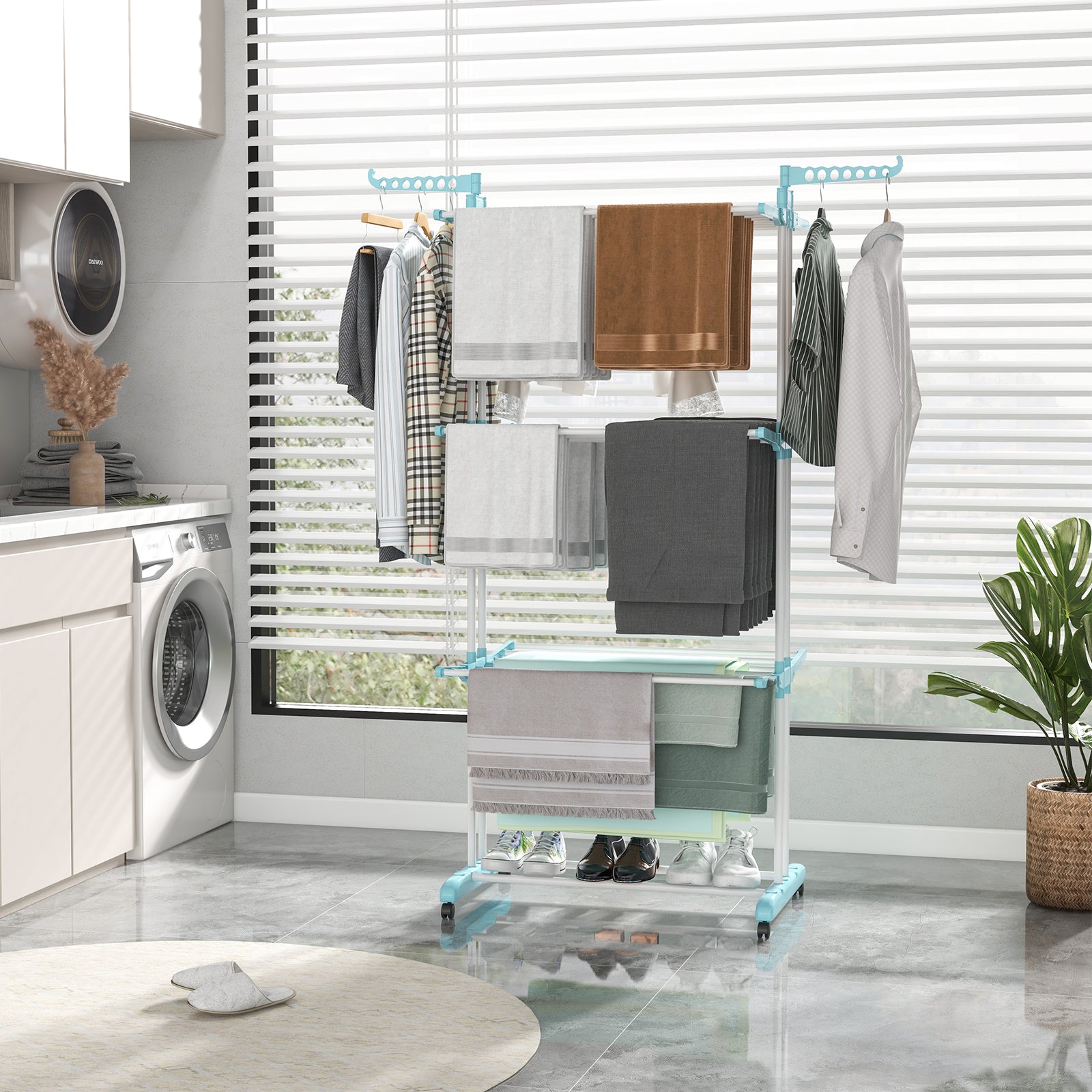 4-Tier Foldable Airer Clothes Drying Rack with Wings and Casters-Blue