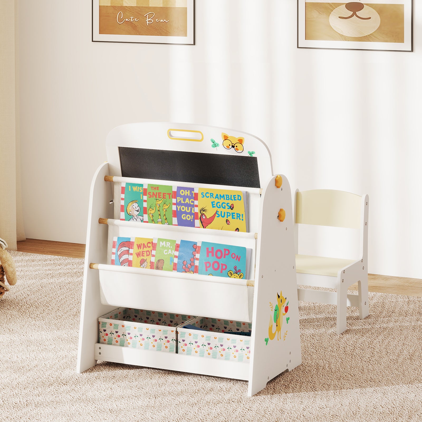 4-in-1 Art Easel and Bookshelf with Magnetic Whiteboard and Blackboard-Natural