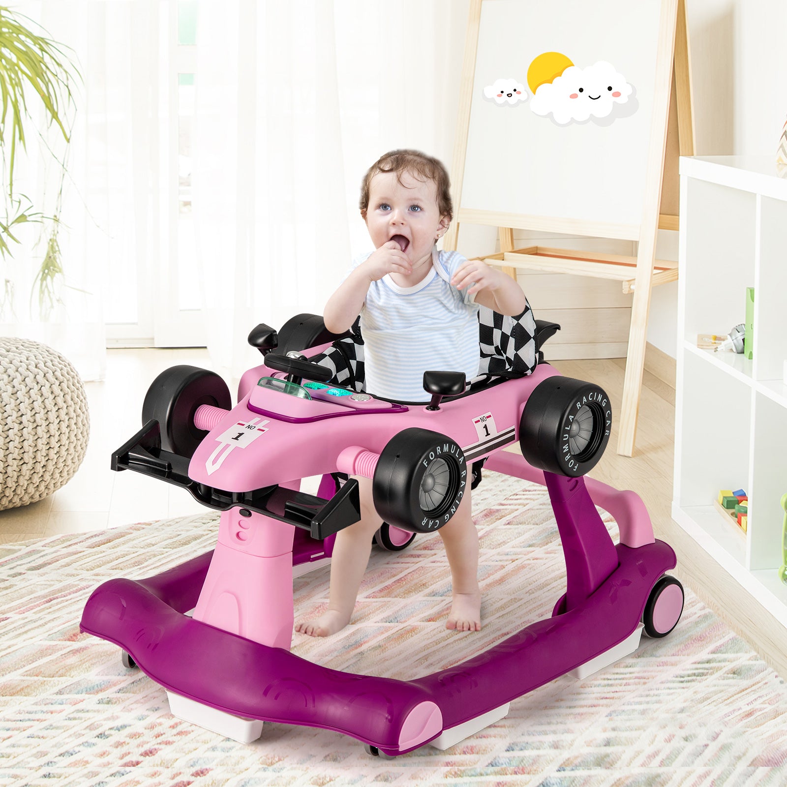 4-in-1 Baby Push Walker with Adjustable Height and Speed-Cream Pink