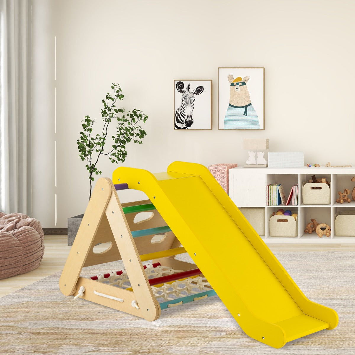 4 in 1 Toddler Wooden Triangle Climber with Ramp and Sliding Board-Multicolor
