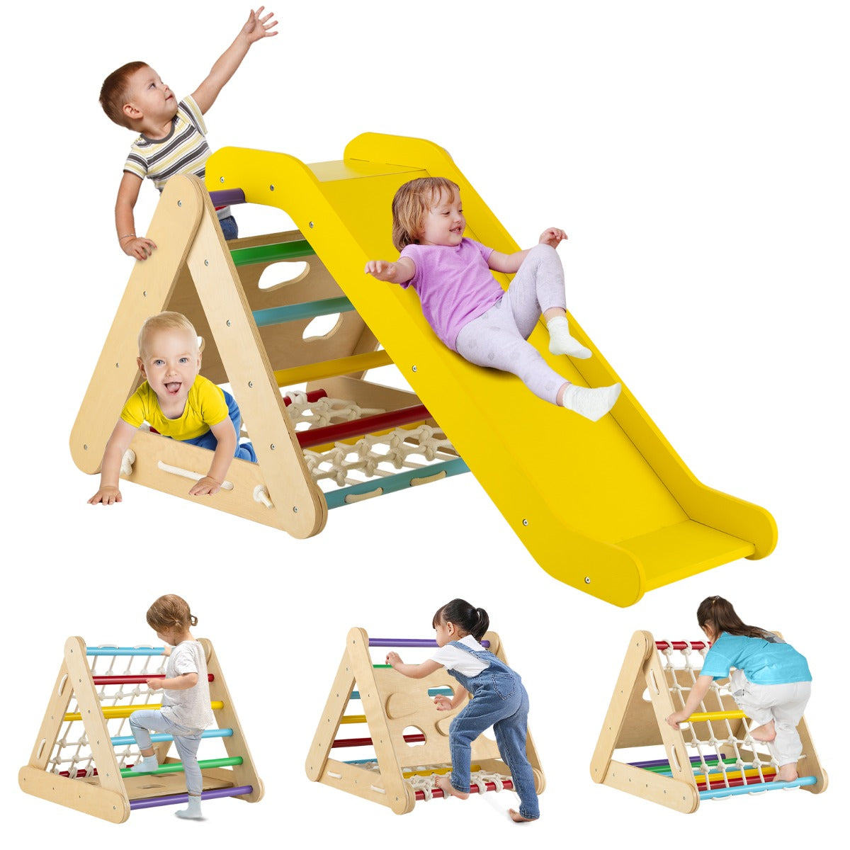 4 in 1 Toddler Wooden Triangle Climber with Ramp and Sliding Board-Multicolor
