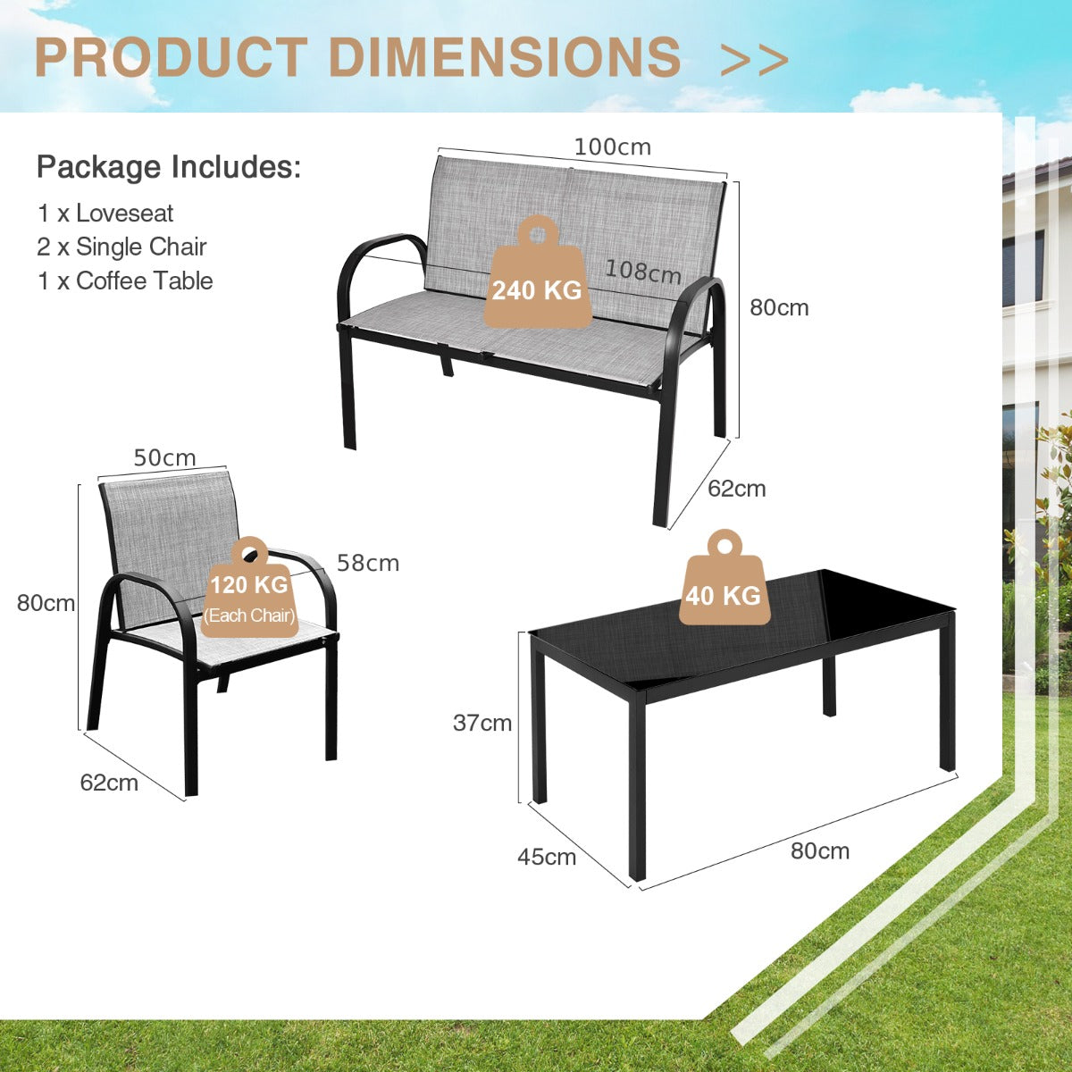 4 Piece Garden Furniture Set with loveseat for Patio Without Cushions-Grey