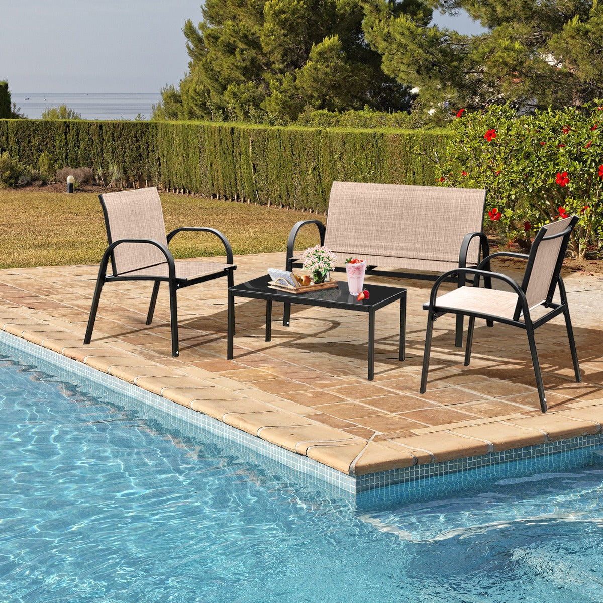 4 Piece Garden Furniture Set with loveseat for Patio Without Cushions-Brown