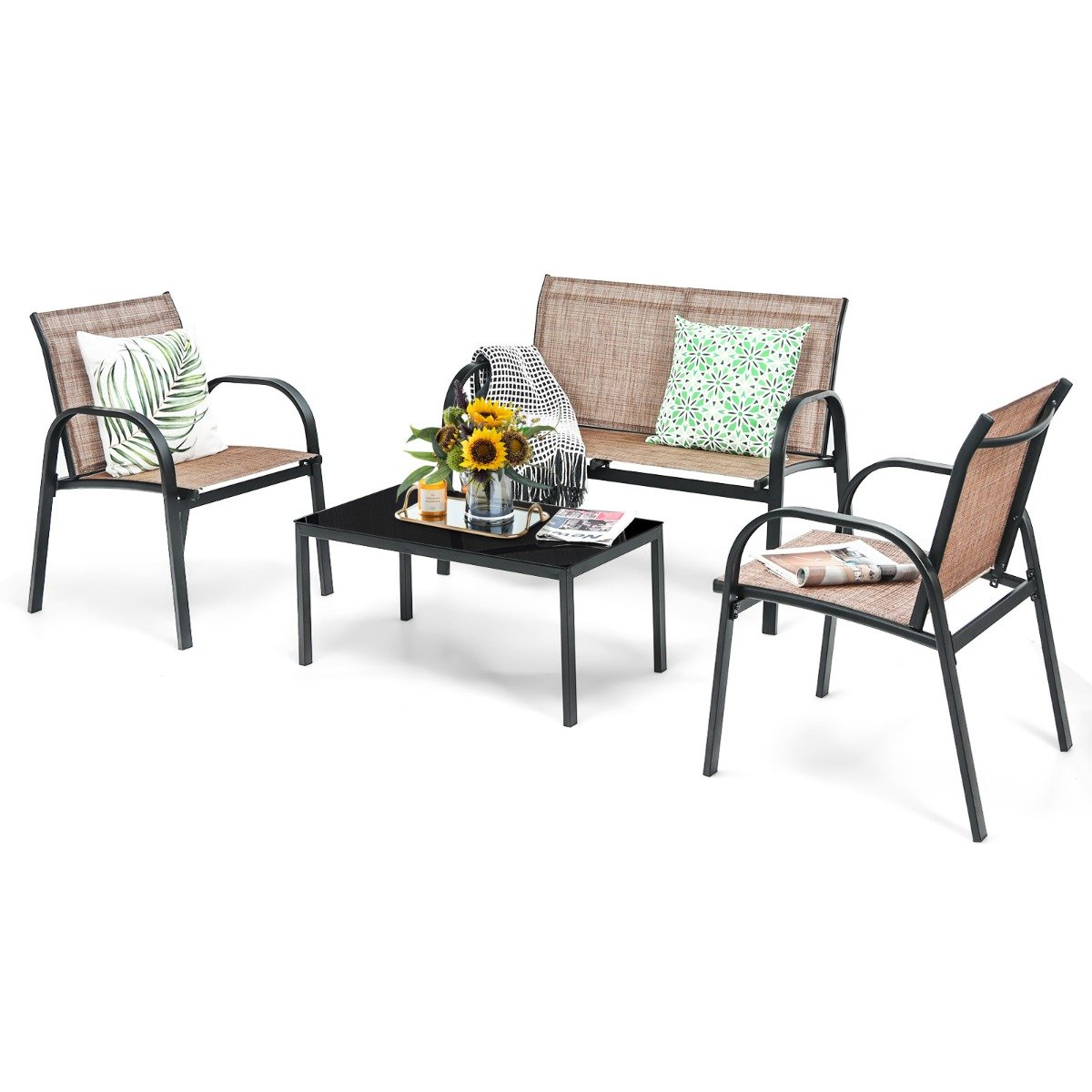 4 Piece Garden Furniture Set with loveseat for Patio Without Cushions-Brown