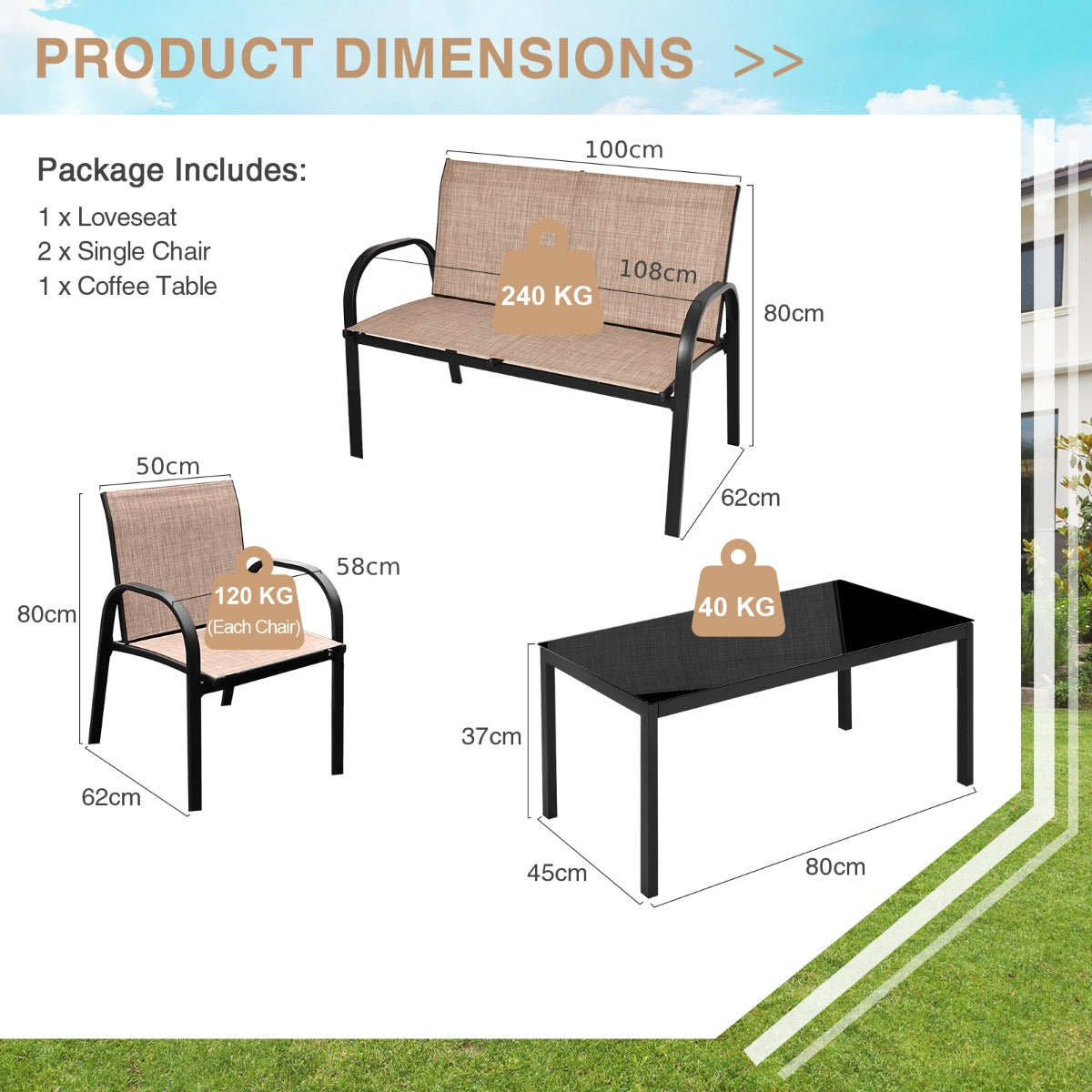 4 Piece Garden Furniture Set with loveseat for Patio Without Cushions-Brown