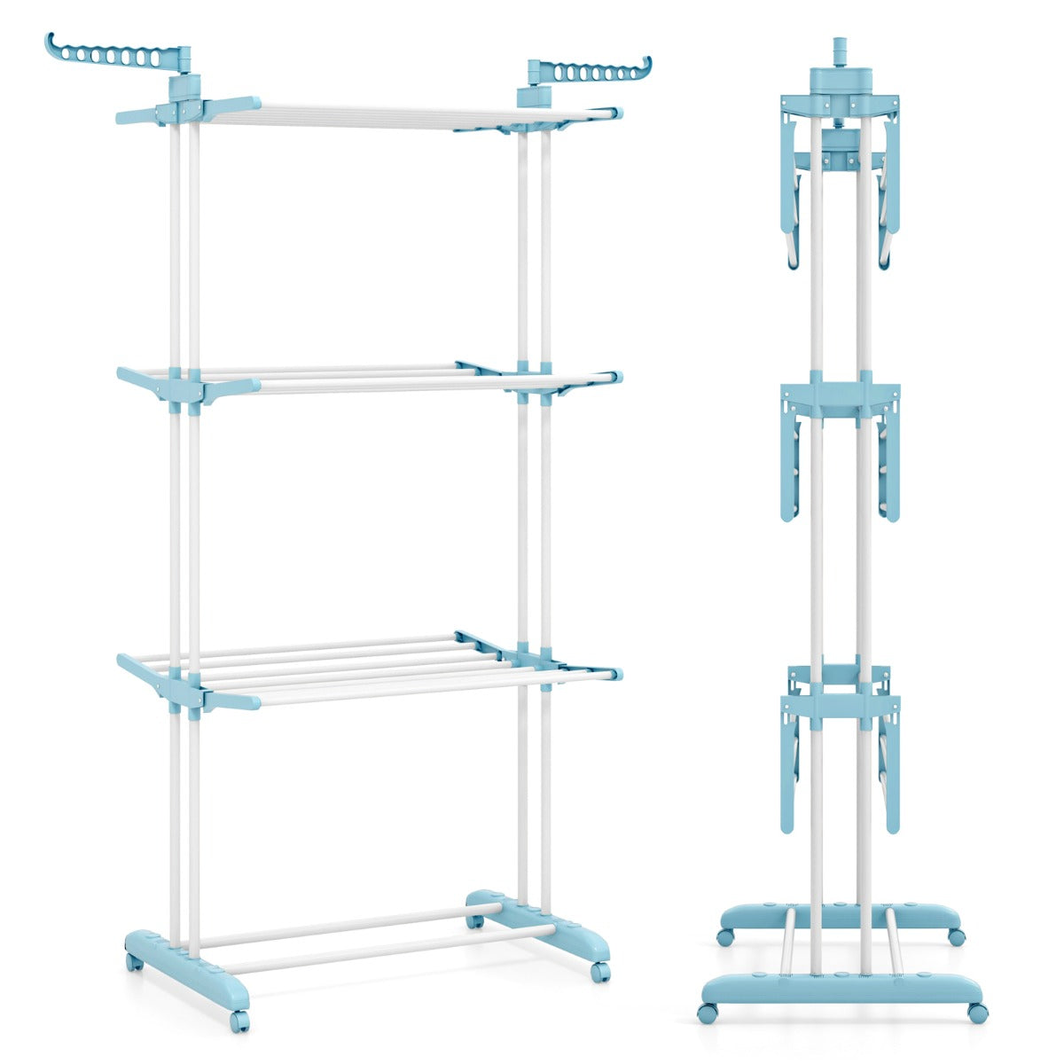 4-Tier Foldable Airer Clothes Drying Rack with Wings and Casters-Navy