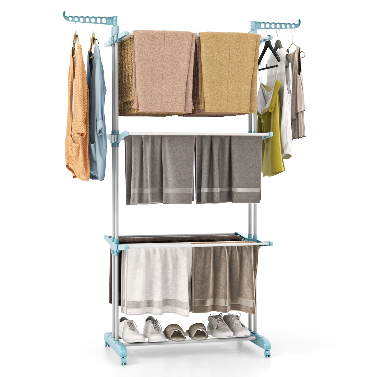 4-Tier Foldable Airer Clothes Drying Rack with Wings and Casters-Navy
