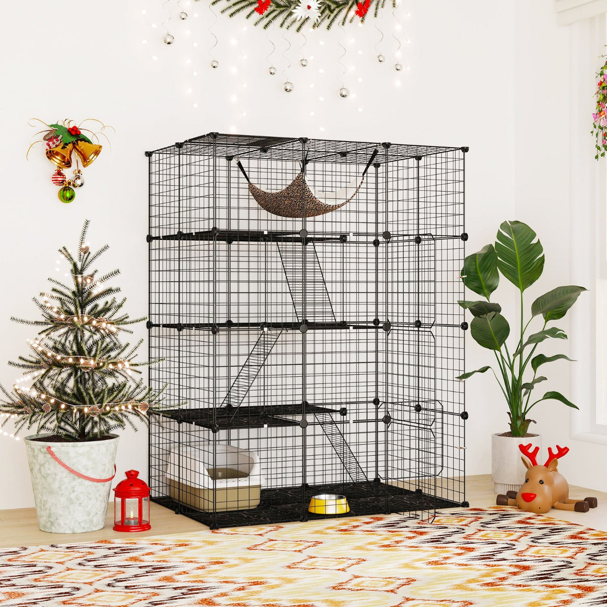4 Tier Large Cat Enclosure with Comfy Hammock Ladders and Doors-Black