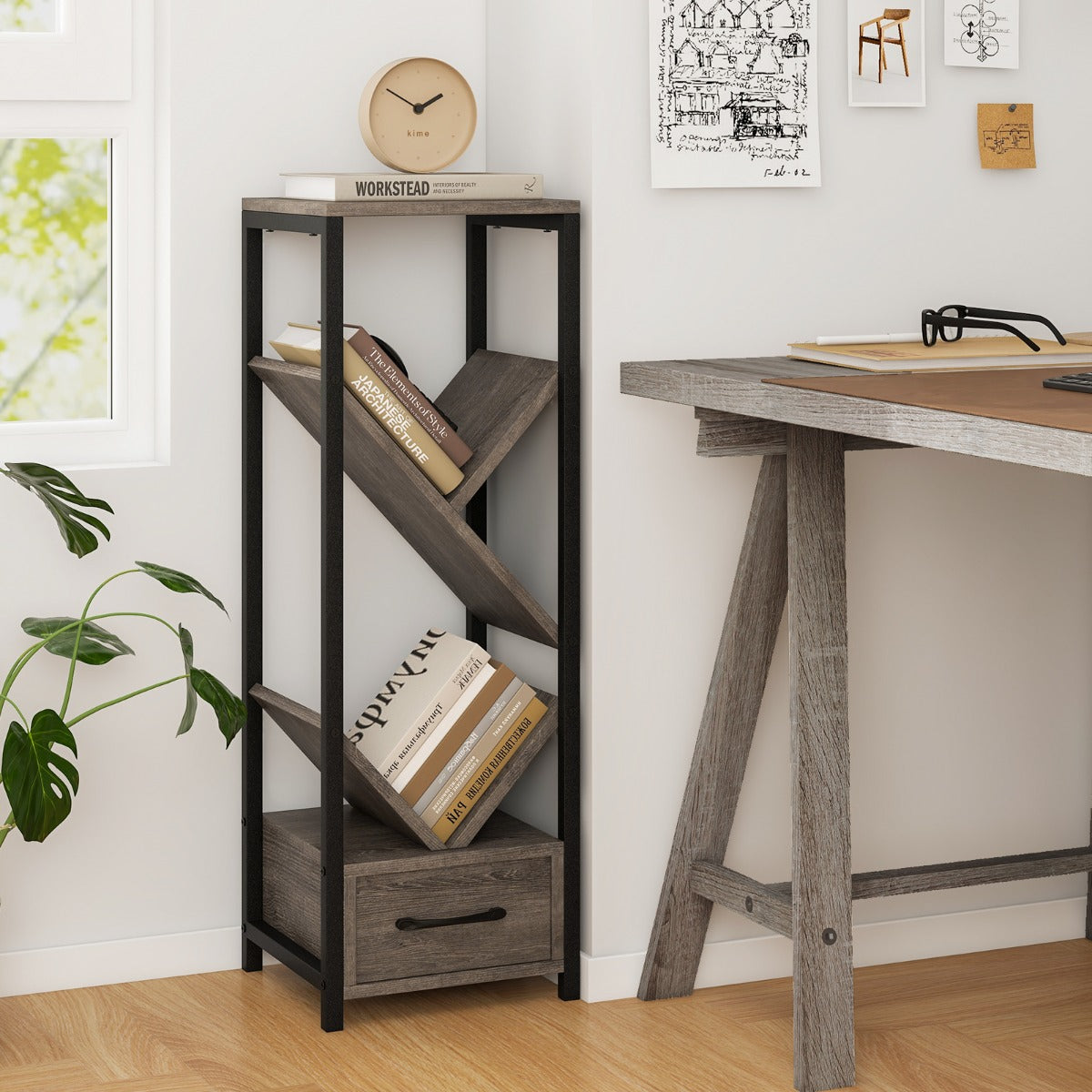 4 Tier Tree Bookshelf with Drawer and Metal Frame for Living Room Bedroom-Grey