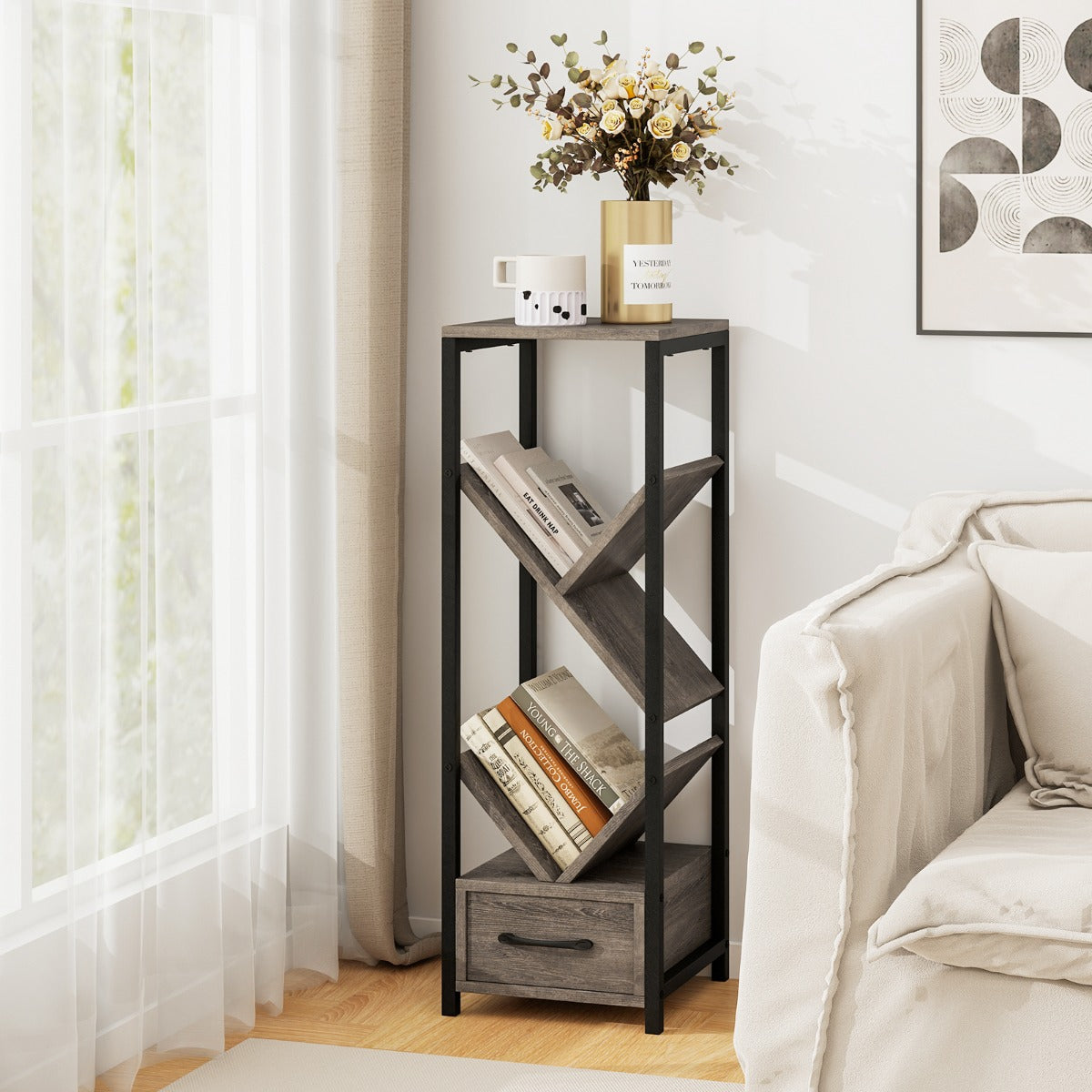 4 Tier Tree Bookshelf with Drawer and Metal Frame for Living Room Bedroom-Grey