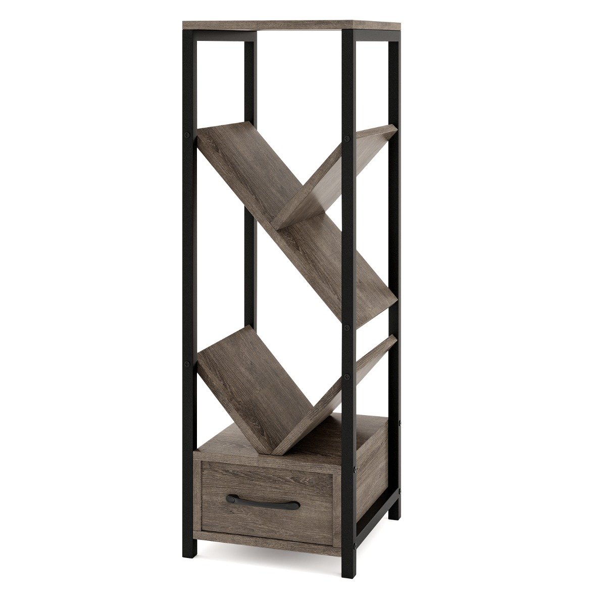 4 Tier Tree Bookshelf with Drawer and Metal Frame for Living Room Bedroom-Grey