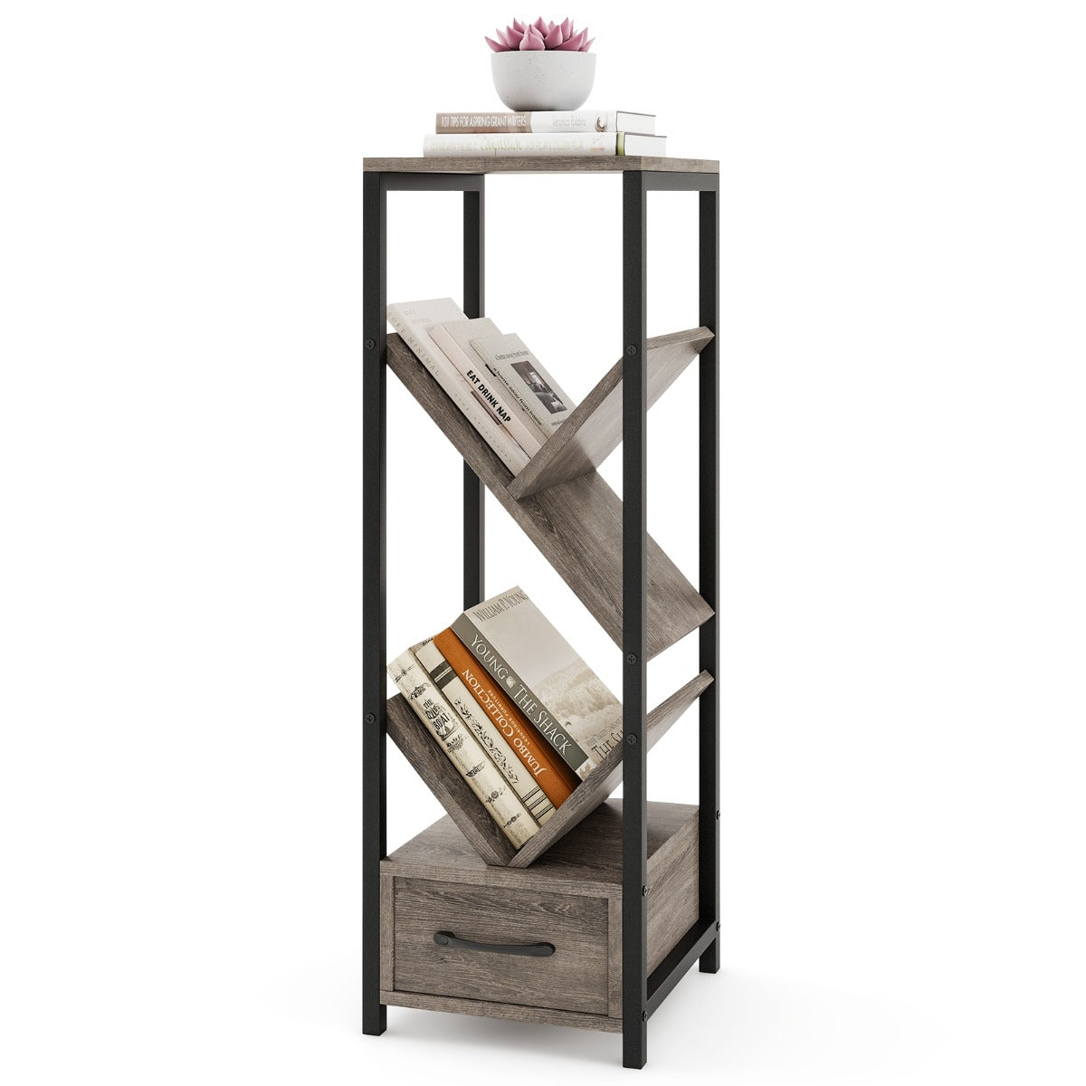 4 Tier Tree Bookshelf with Drawer and Metal Frame for Living Room Bedroom-Grey