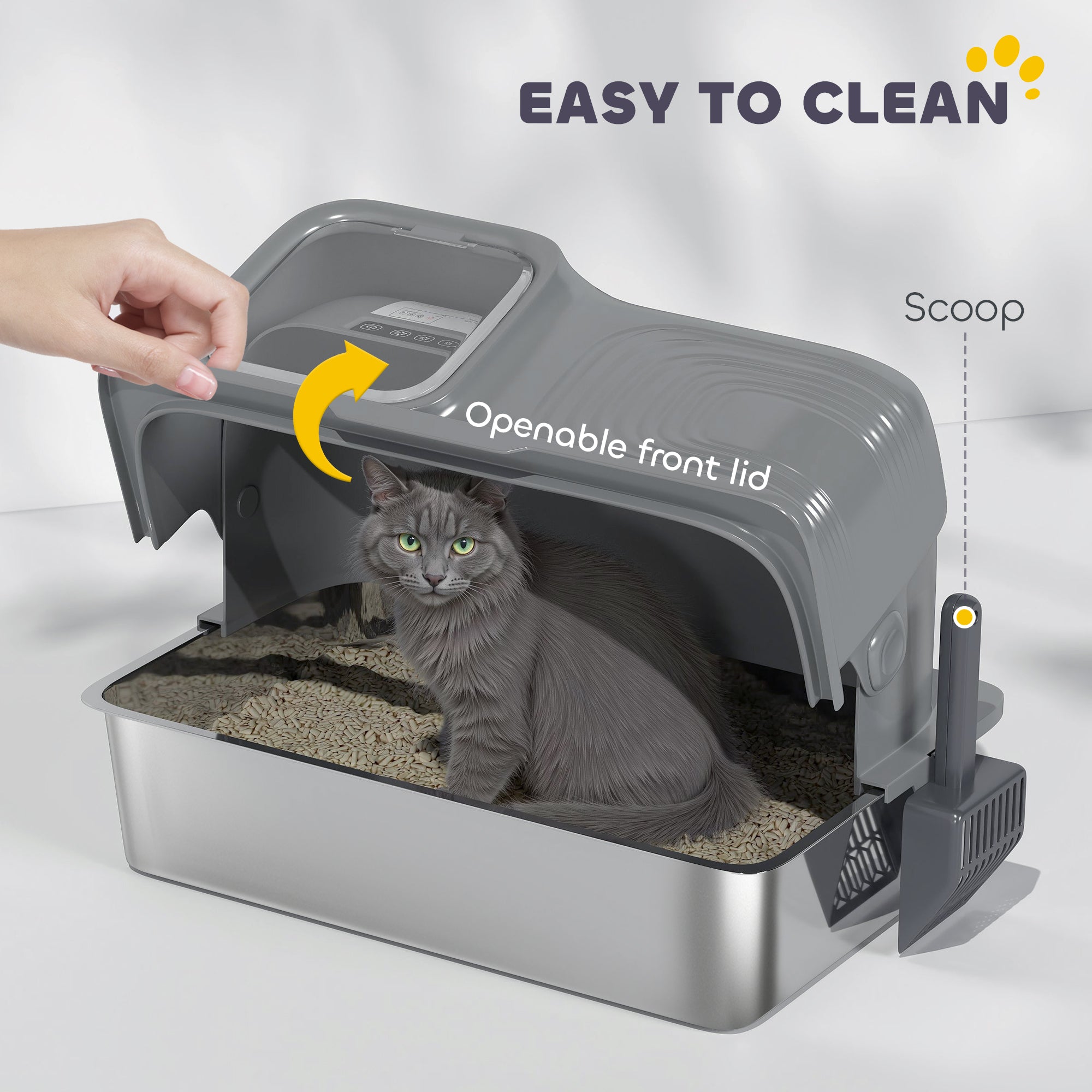 PawHut 65L Extra Large Stainless Steel Litter Tray with Plasma Deodoriser System, High Sided, Easy to Clean & Odour-Resistant