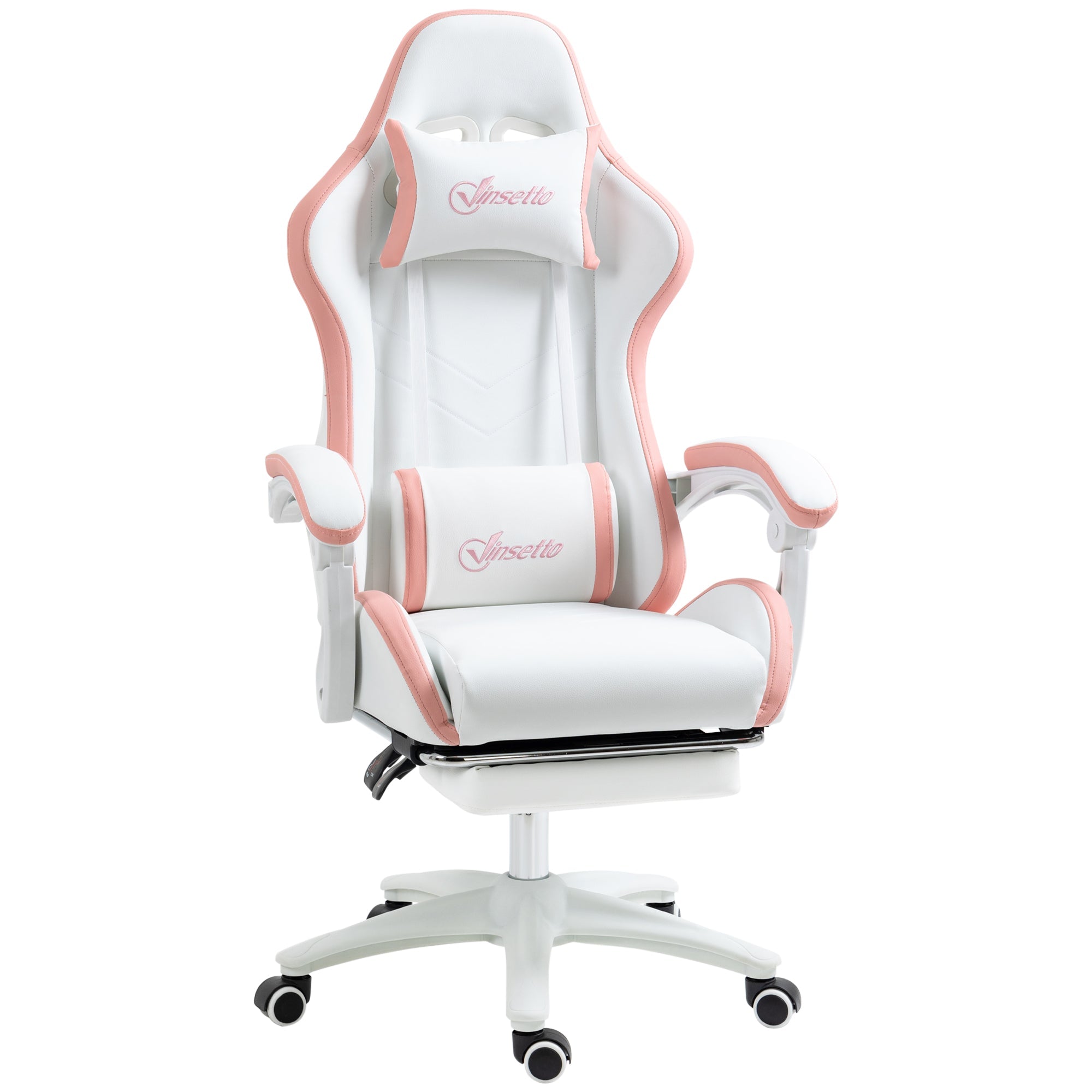 Vinsetto Computer Gaming Chair, PU Leather Office Desk Chair with Footrest, Swivel Wheels, 135√Ç¬∞ Reclining Back, Lumbar Support, Headrest for Home, White and Pink