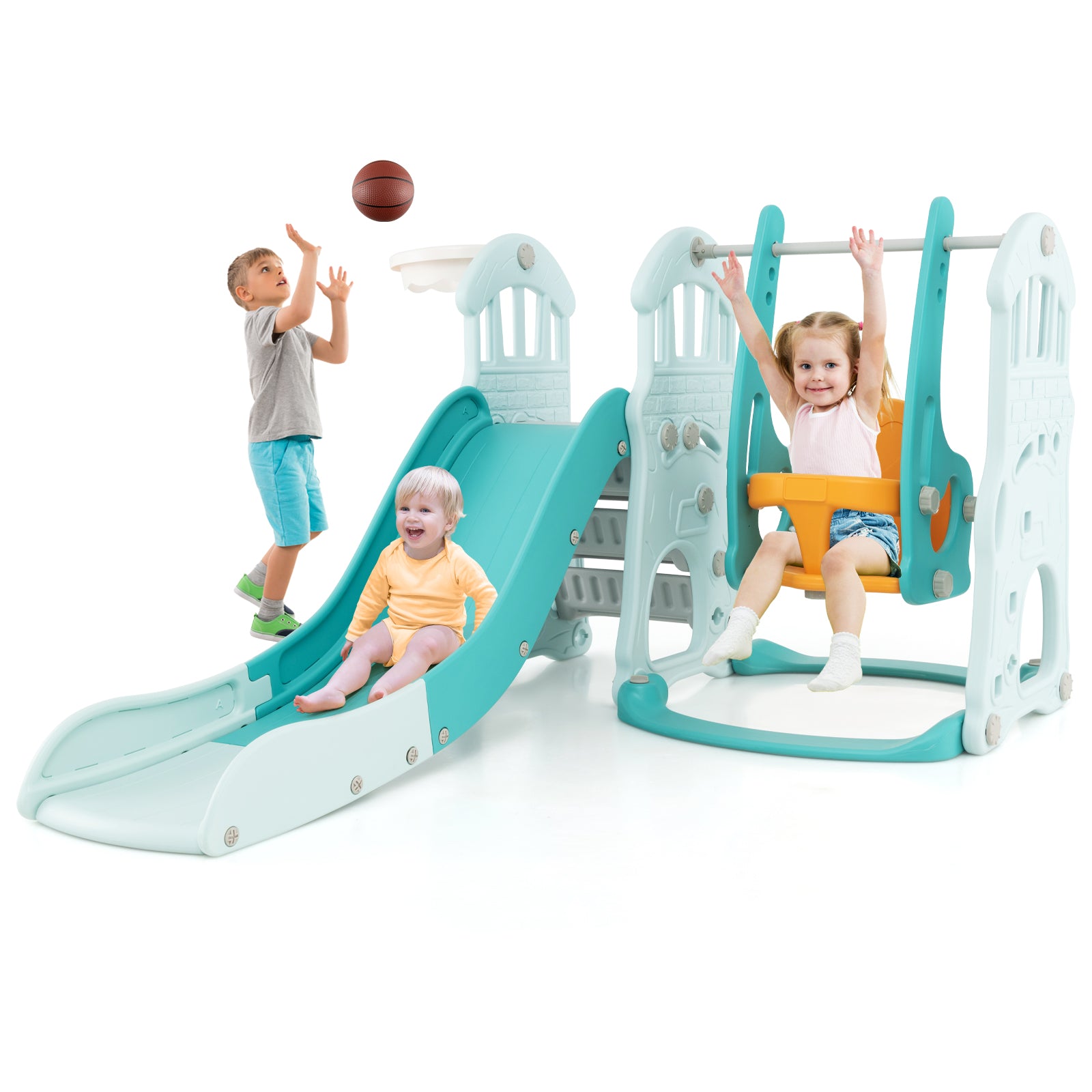4-in-1 Toddler Slide and Swing Set with Foldable Extra-long Slide-Green