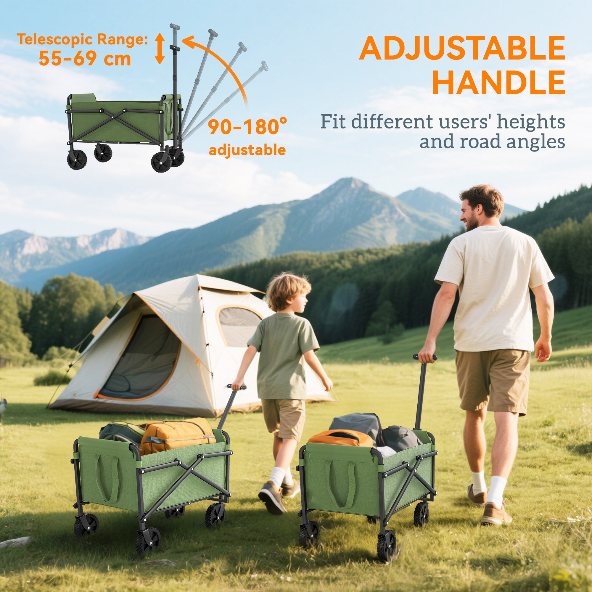 Outsunny 41L Festival Trolley on Wheels, Small Garden Folding Trolley Cart, 60kg Heavy Duty Collapsible Folding Wagon with Adjustable Handle and Carrying Bag for Beach, Camping, Festival, Green