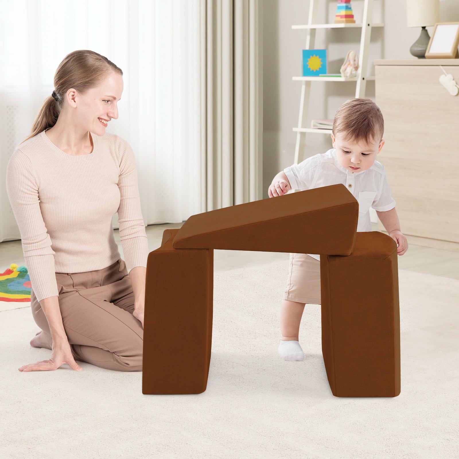 5-Piece Climb and Crawl Playset with Ball Pit for Kids-Brown