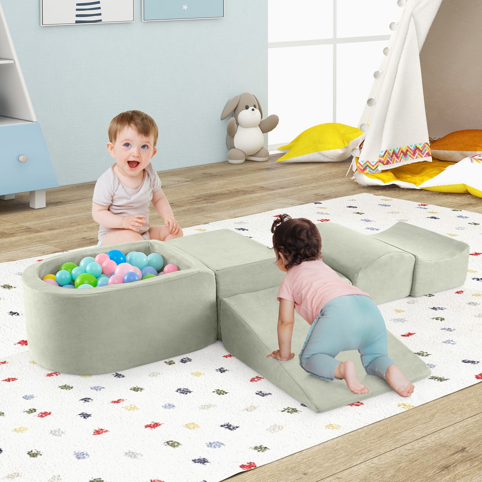 5-Piece Climb and Crawl Playset with Ball Pit for Kids-Green