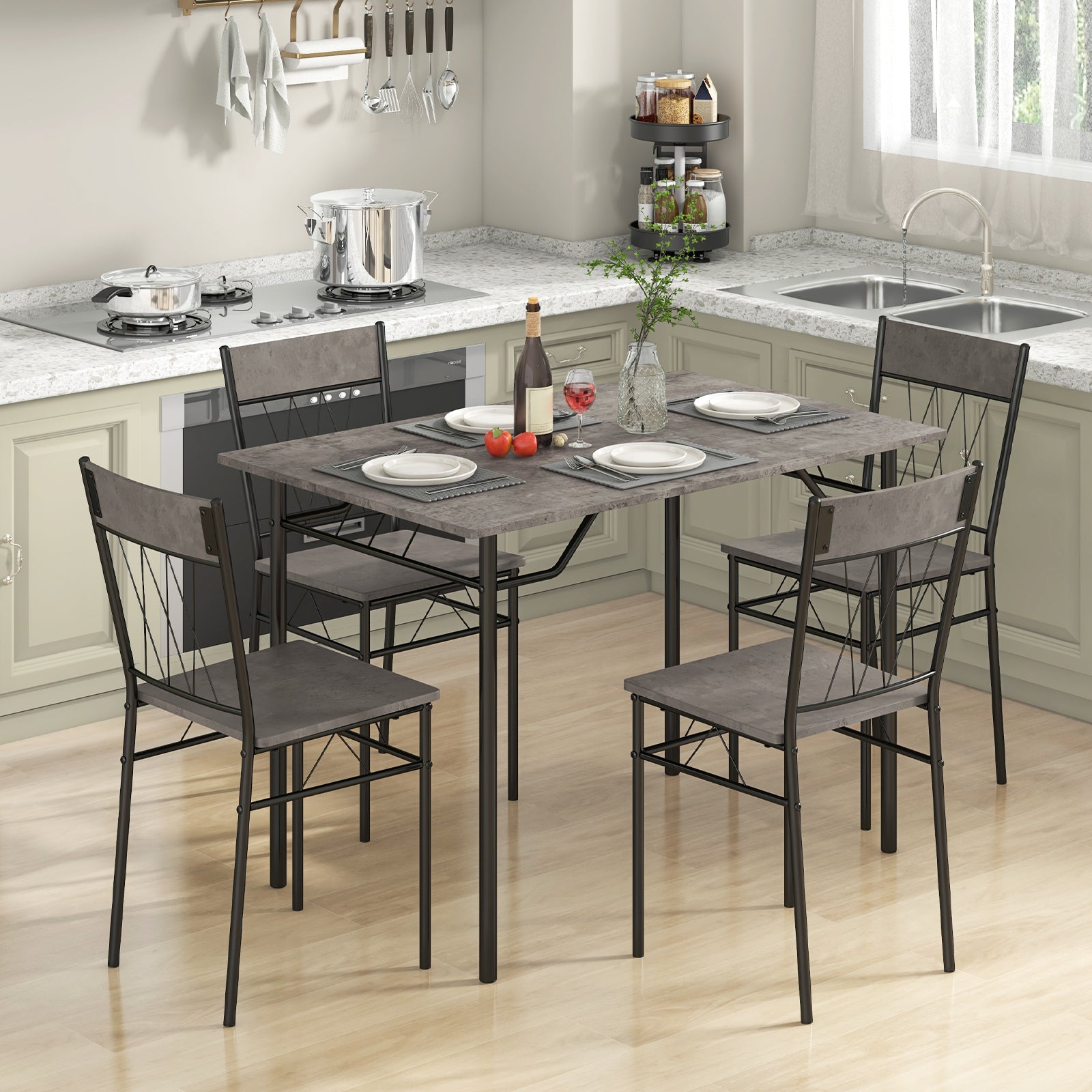 5-Piece Dining Table Set for 4 with Metal Frame for Living Room-Grey