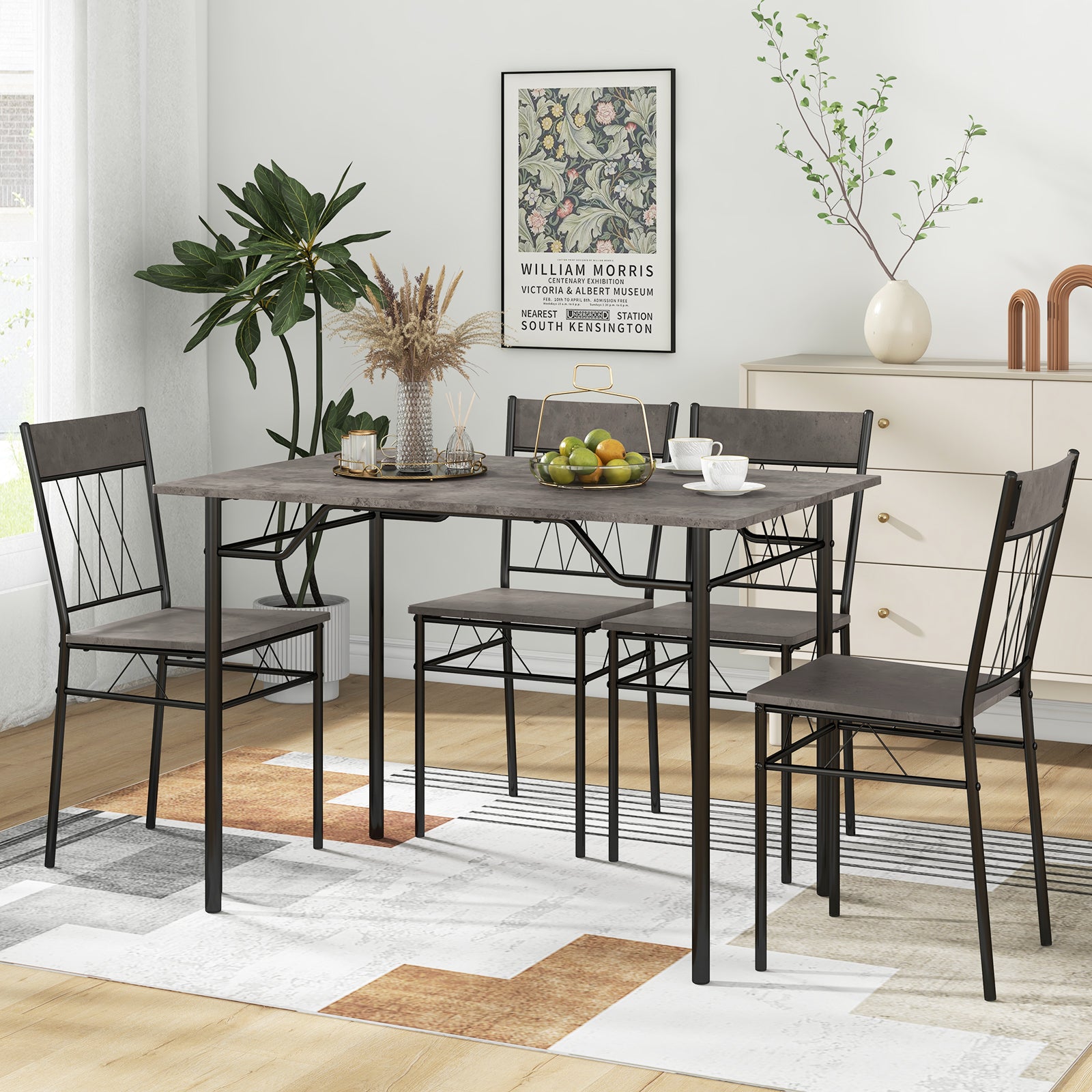 5-Piece Dining Table Set for 4 with Metal Frame for Living Room-Grey