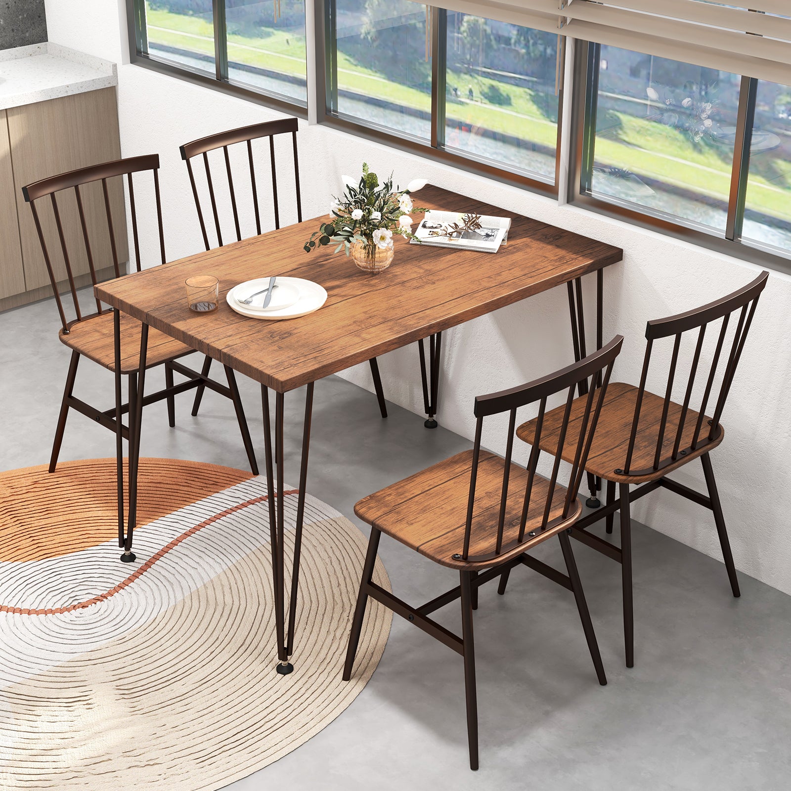 5-Piece Dining Table Set for 4 with Swivel Feet for Living Room-Walnut