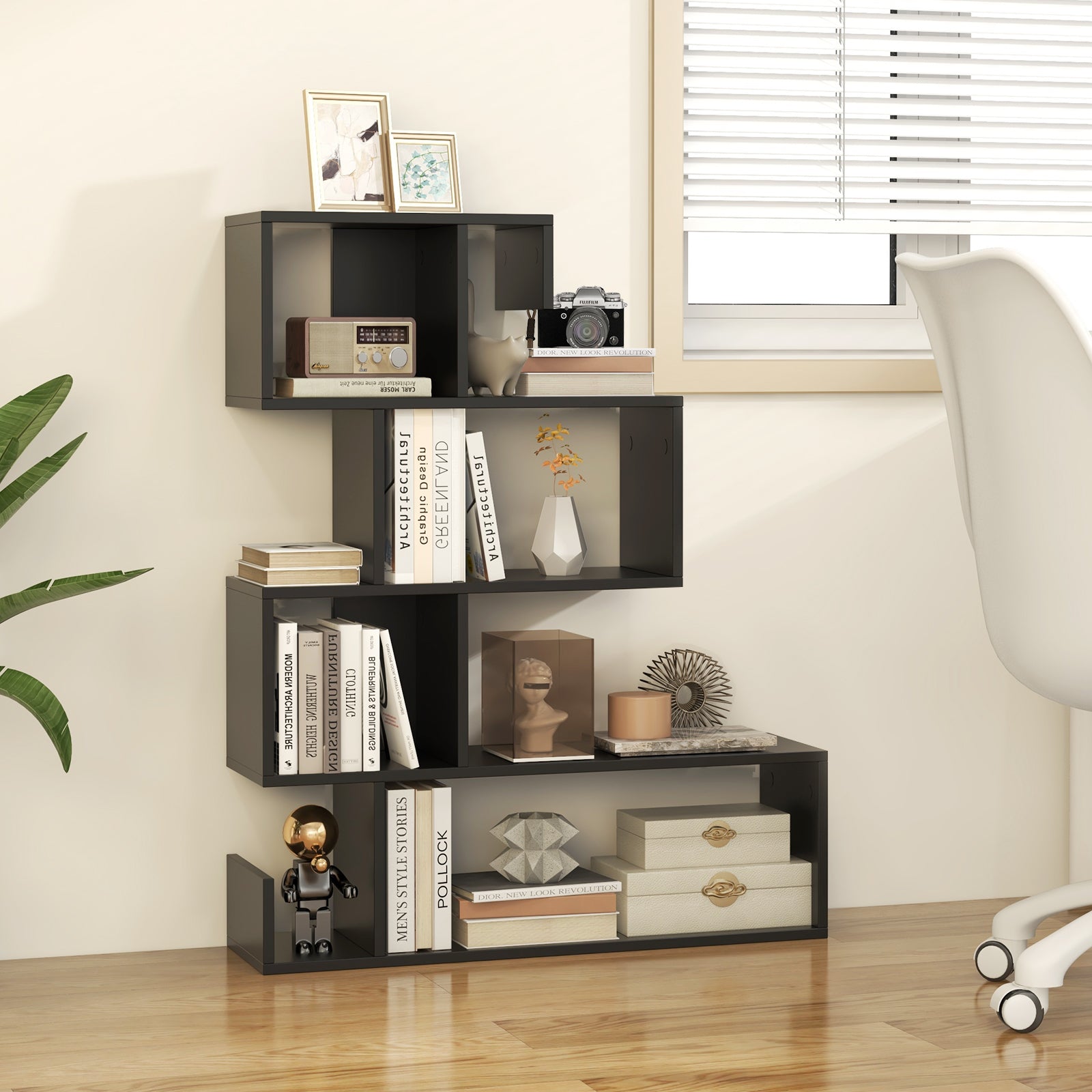 5-Tier S-Shaped Bookshelf with Open Cubes and Anti-Toppling Kits-Black