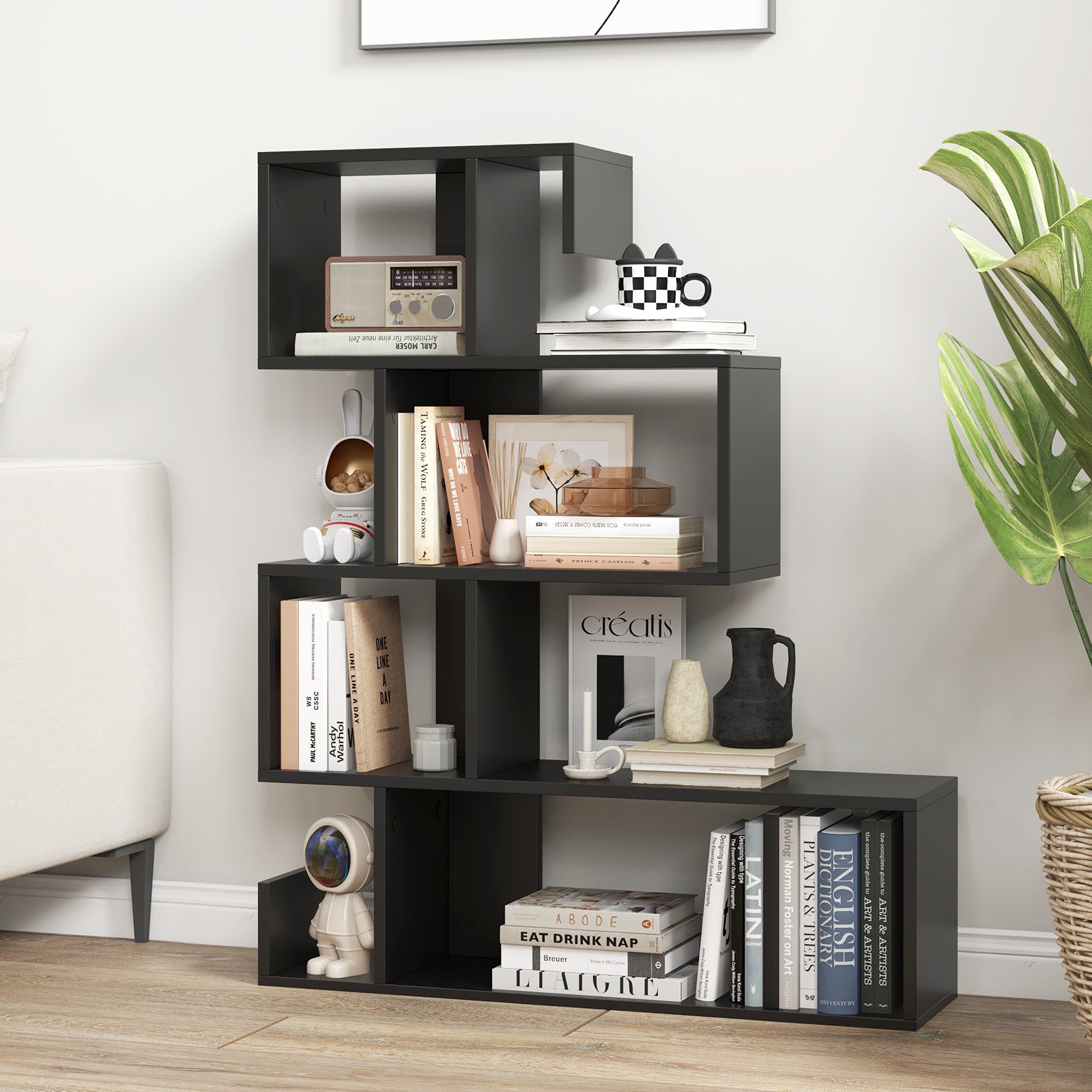 5-Tier S-Shaped Bookshelf with Open Cubes and Anti-Toppling Kits-Black