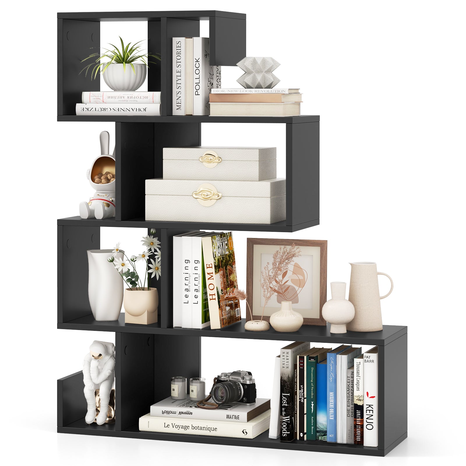 5-Tier S-Shaped Bookshelf with Open Cubes and Anti-Toppling Kits-Black