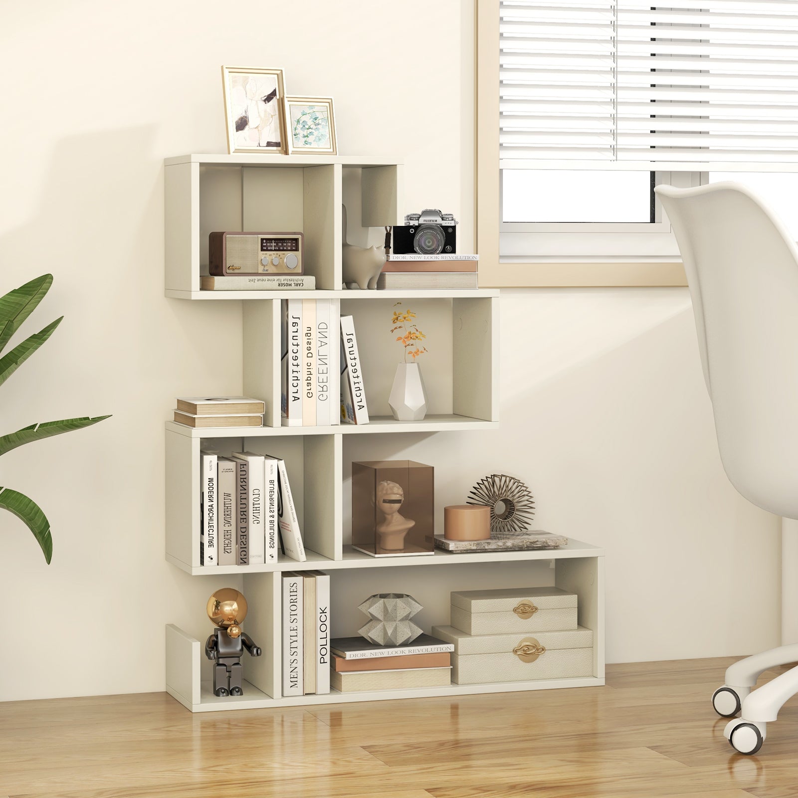 5-Tier S-Shaped Bookshelf with Open Cubes and Anti-Toppling Kits-White