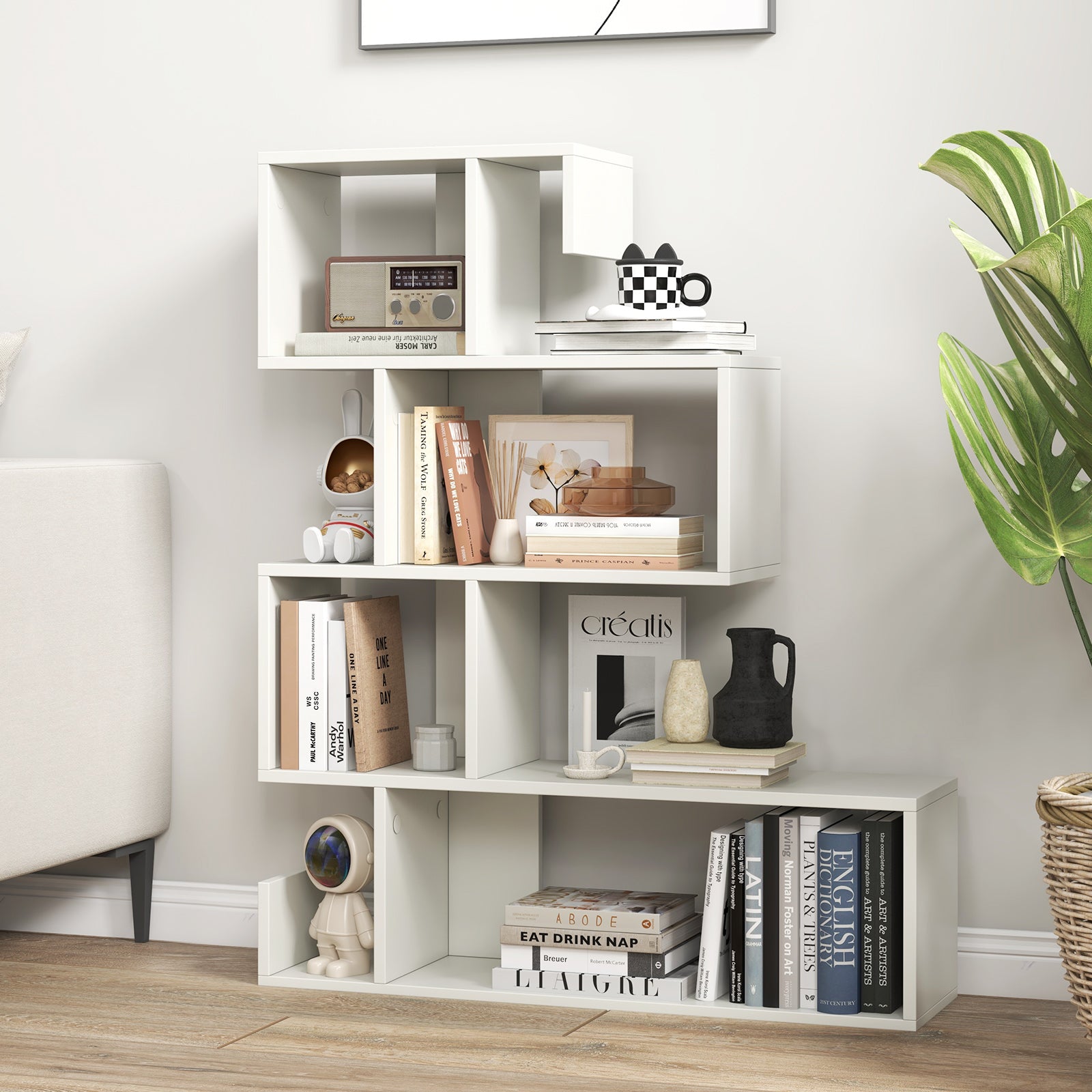 5-Tier S-Shaped Bookshelf with Open Cubes and Anti-Toppling Kits-White