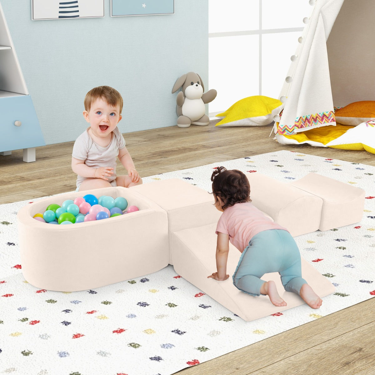 5-Piece Climb and Crawl Playset with Ball Pit for Kids-Beige