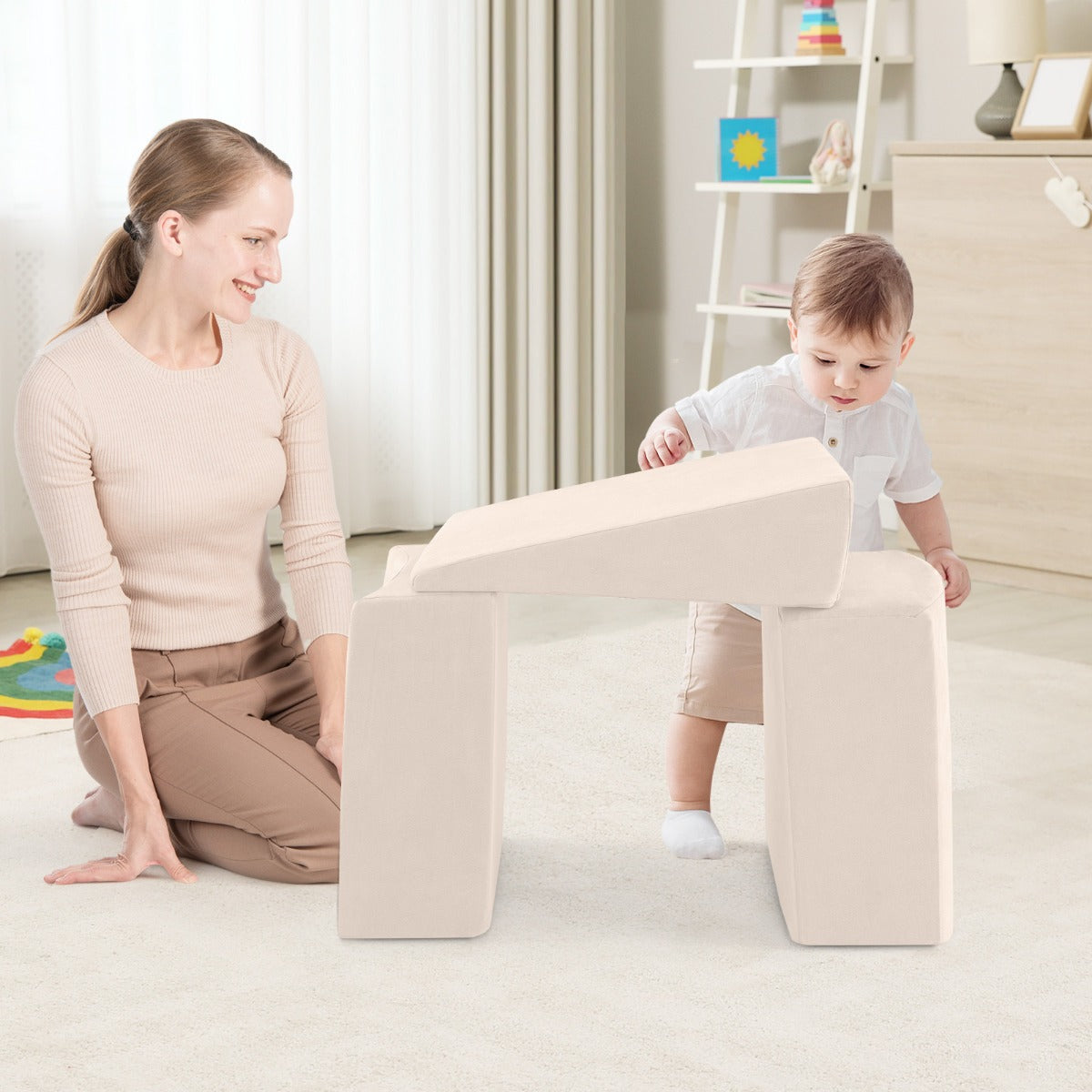 5-Piece Climb and Crawl Playset with Ball Pit for Kids-Beige