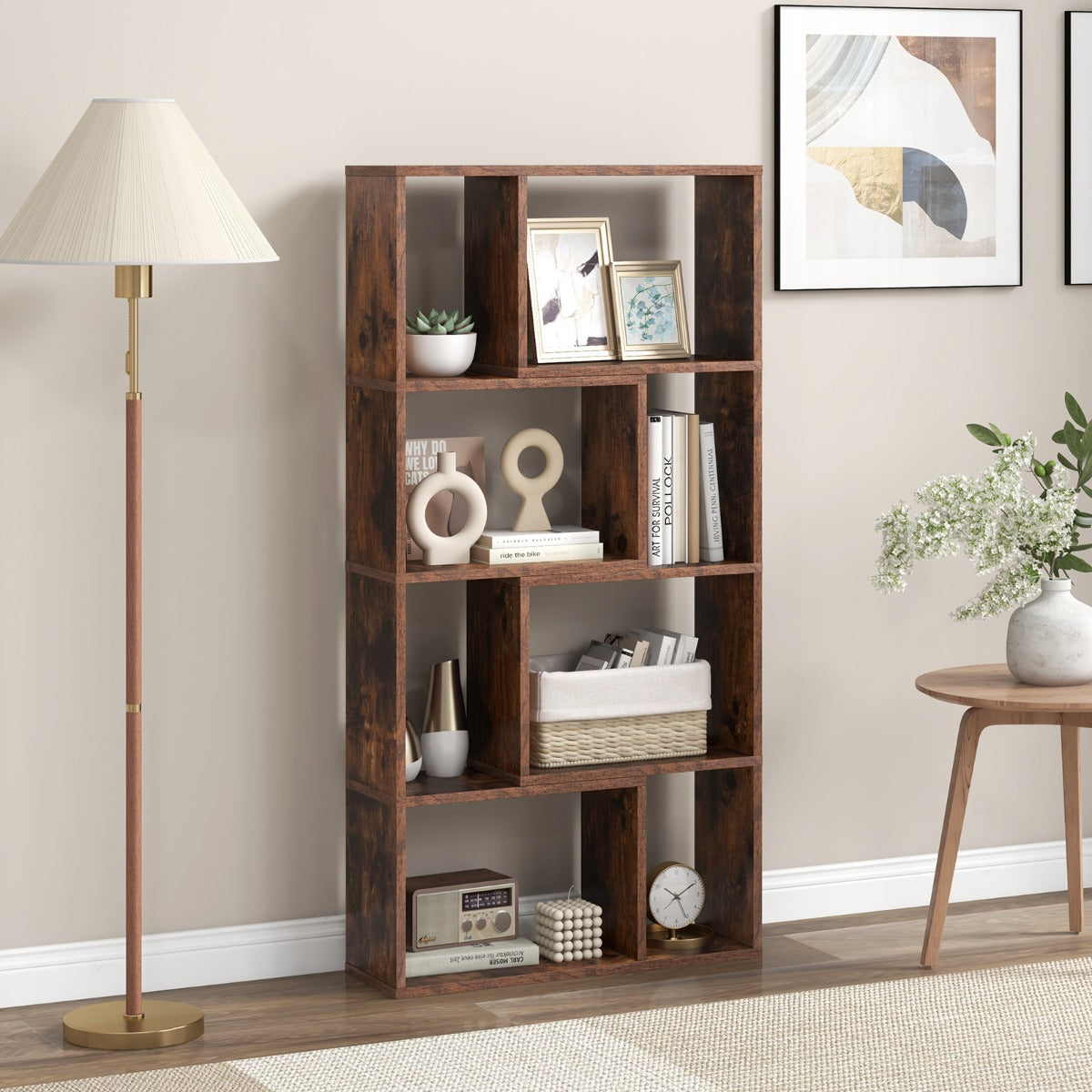 5-Tier Geometric Bookshelf with 8 Cubes Floor Standing Open Display-Brown