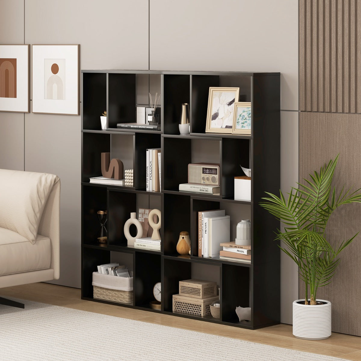 5-Tier Geometric Bookshelf with 8 Cubes Floor Standing Open Display-Black