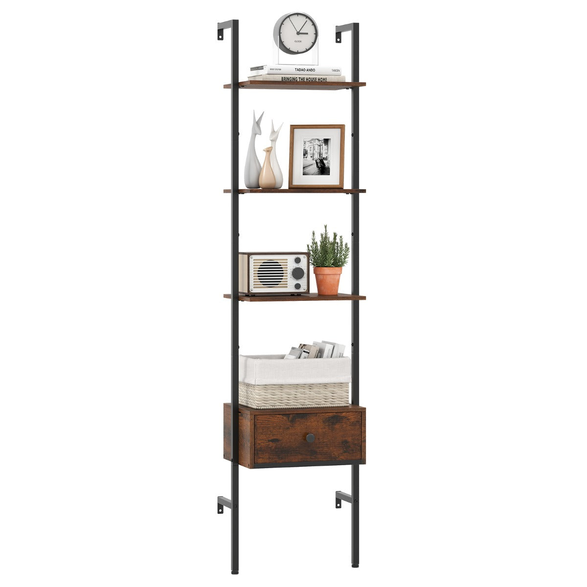 5-Tier Ladder Bookcase with Drawer and Metal Frame-Rustic Brown
