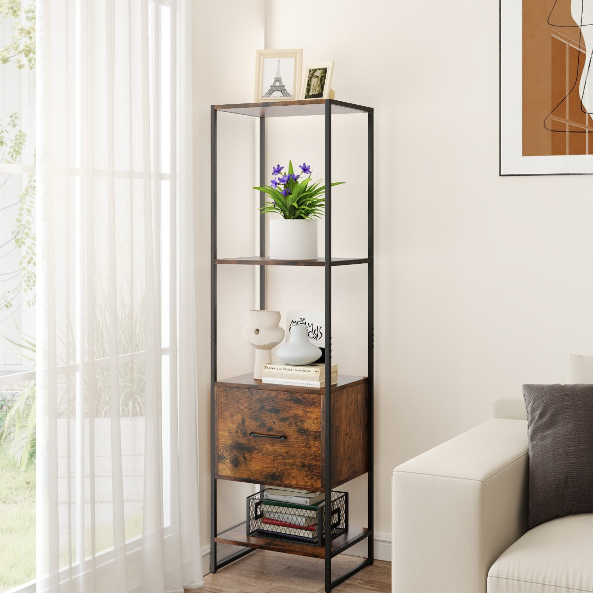 5-Tier Tall Narrow Bookcase Bookshelf with Drawer Shelves-Rustic Brown