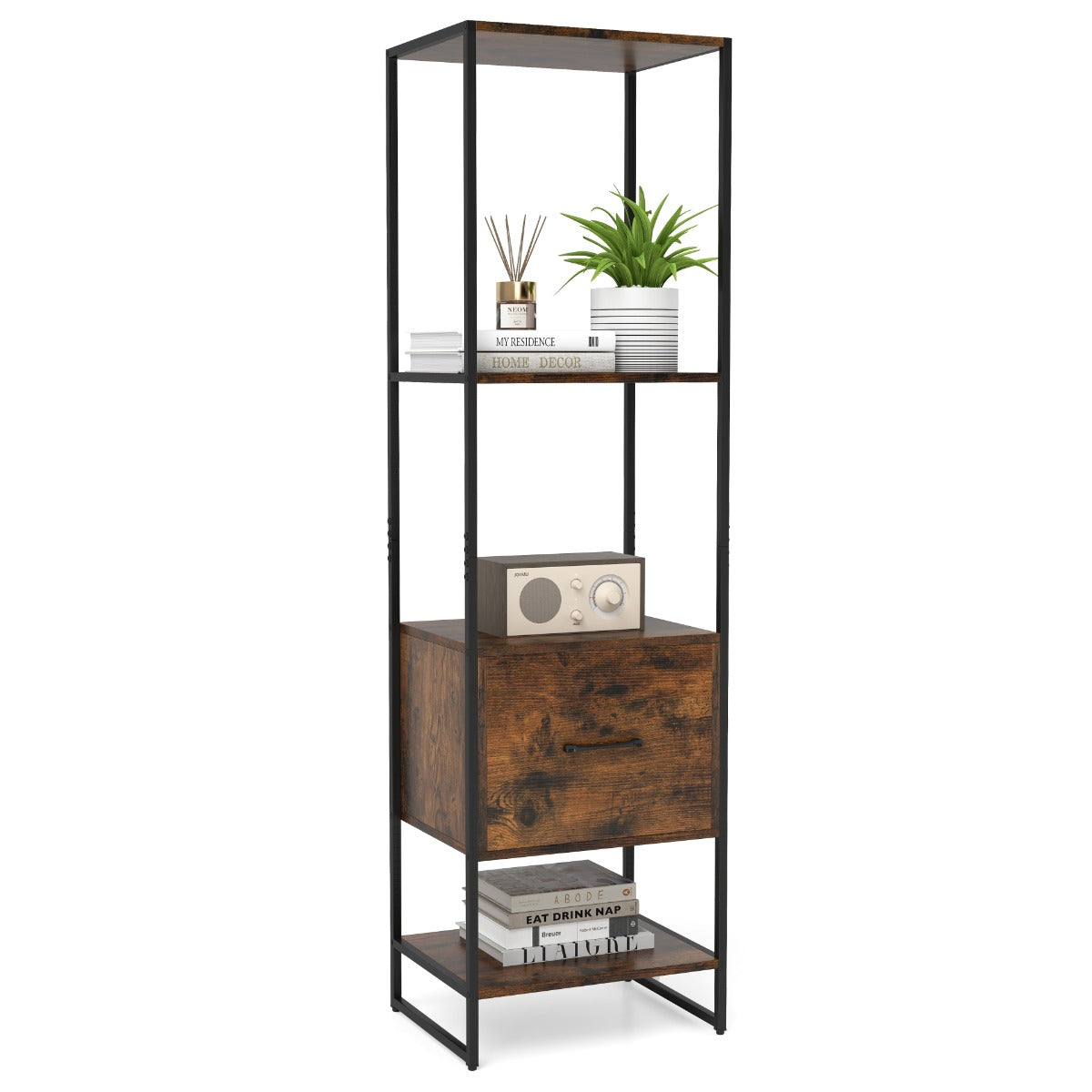 5-Tier Tall Narrow Bookcase Bookshelf with Drawer Shelves-Rustic Brown