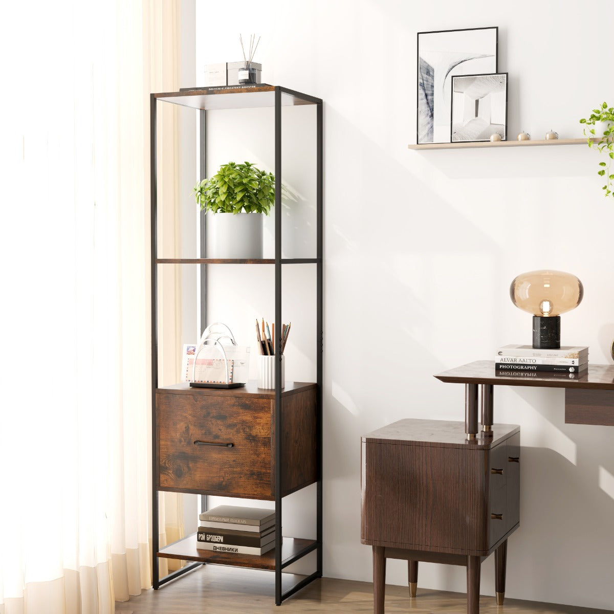 5-Tier Tall Narrow Bookcase Bookshelf with Drawer Shelves-Rustic Brown