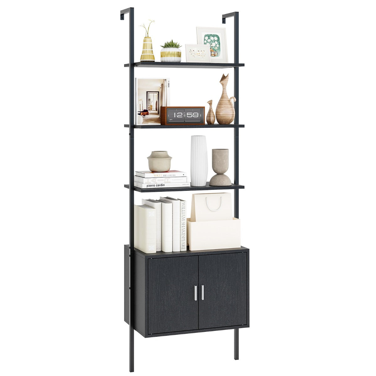 5-Tier Wall Mount Ladder Bookcase with Cabinet and Anti-Tipping Kits-Black
