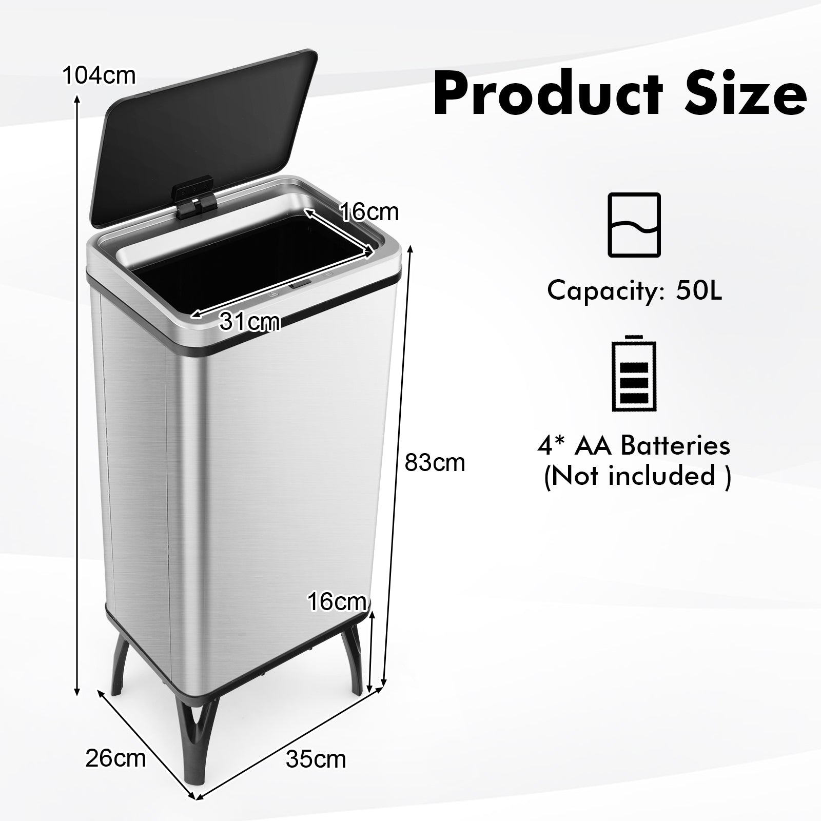 50L Stainless Steel Trash Can Automatic Motion Sensor Garbage Bin-Silver